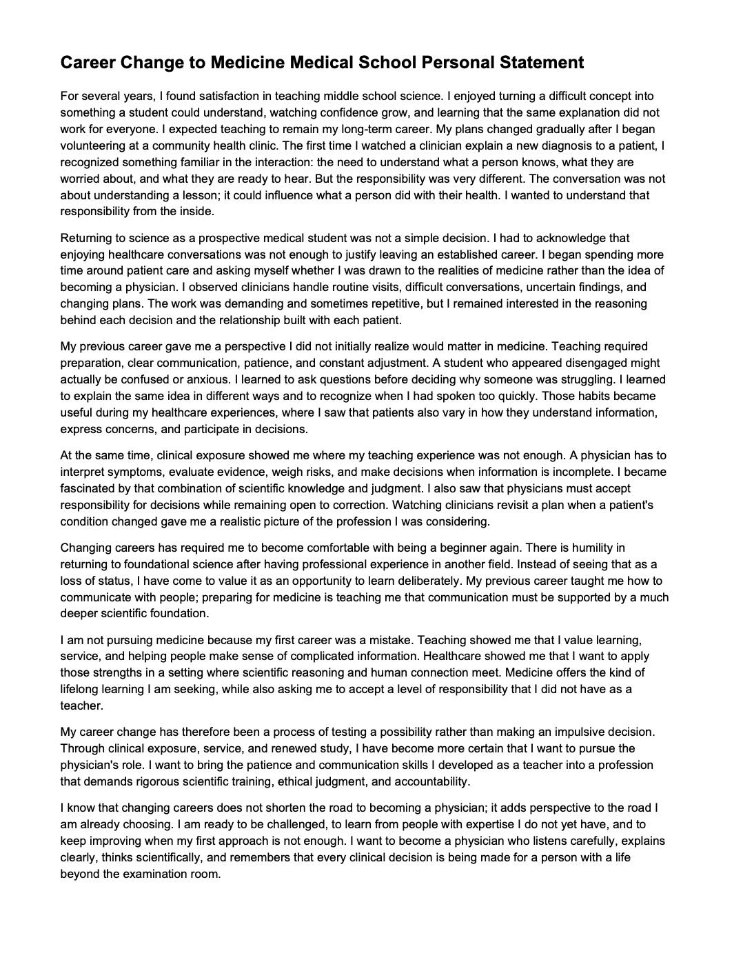 Career Change to Medicine Medical School Personal Statement - Free AI Medical School Personal Statement Generator, 50+ Real Medical School Personal Statement Examples