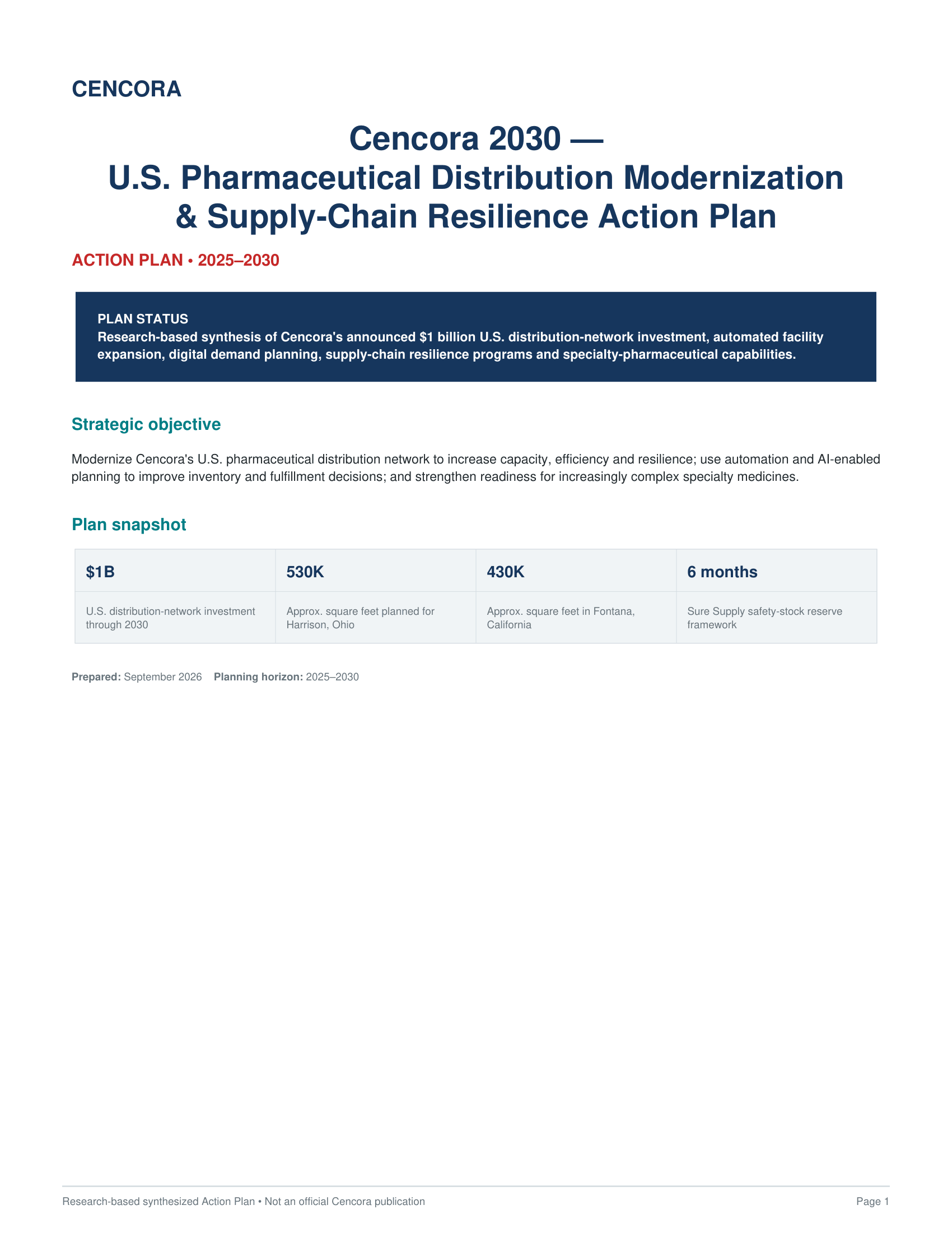 Cencora U.S. Pharmaceutical Logistics & Network Transformation Action Plan - Free AI Action Plan Generator, 50+ Real Action Plan Examples