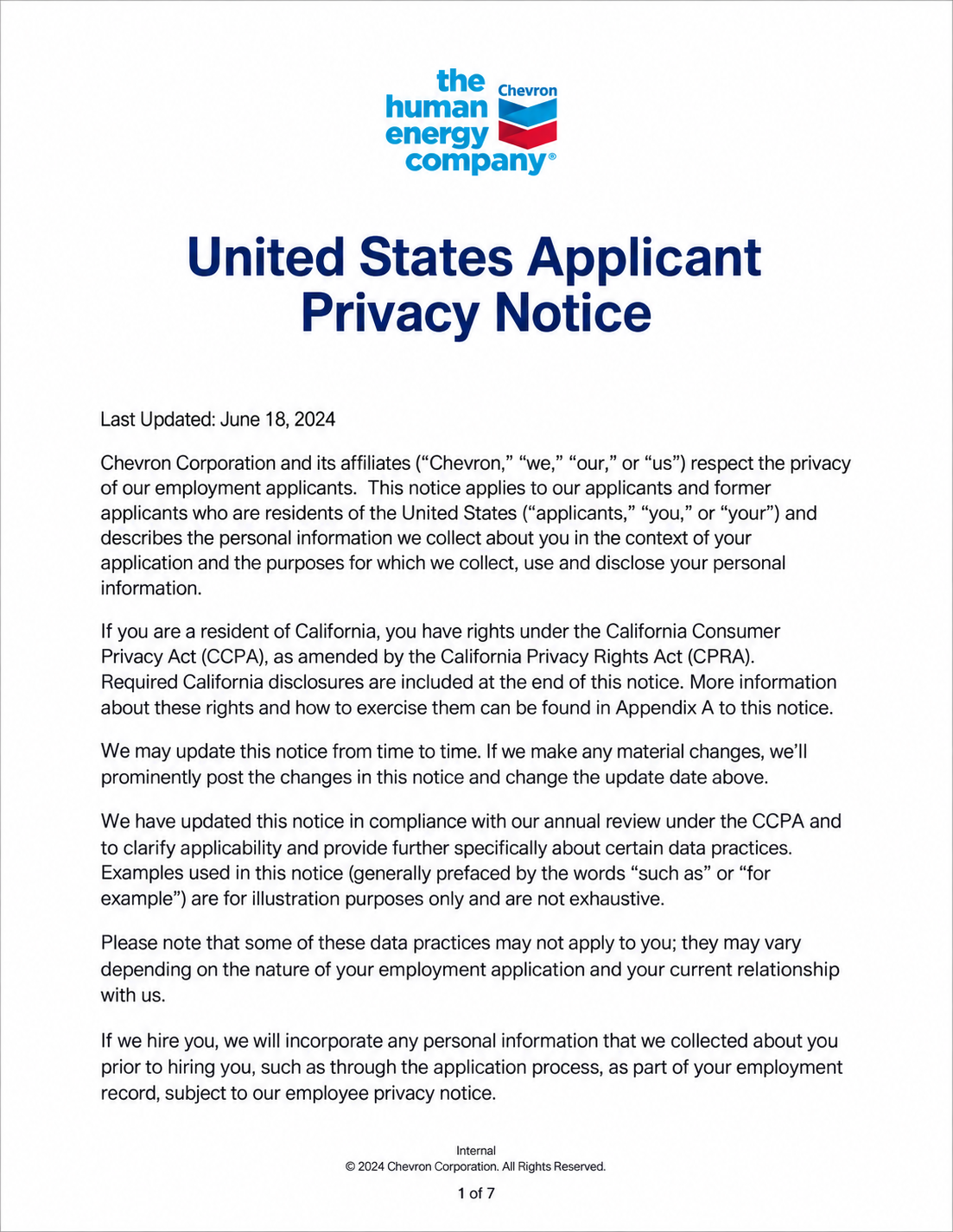 Chevron Job Applicant Privacy Notice - Free AI Notice Generator, 50+ Real Notice Examples