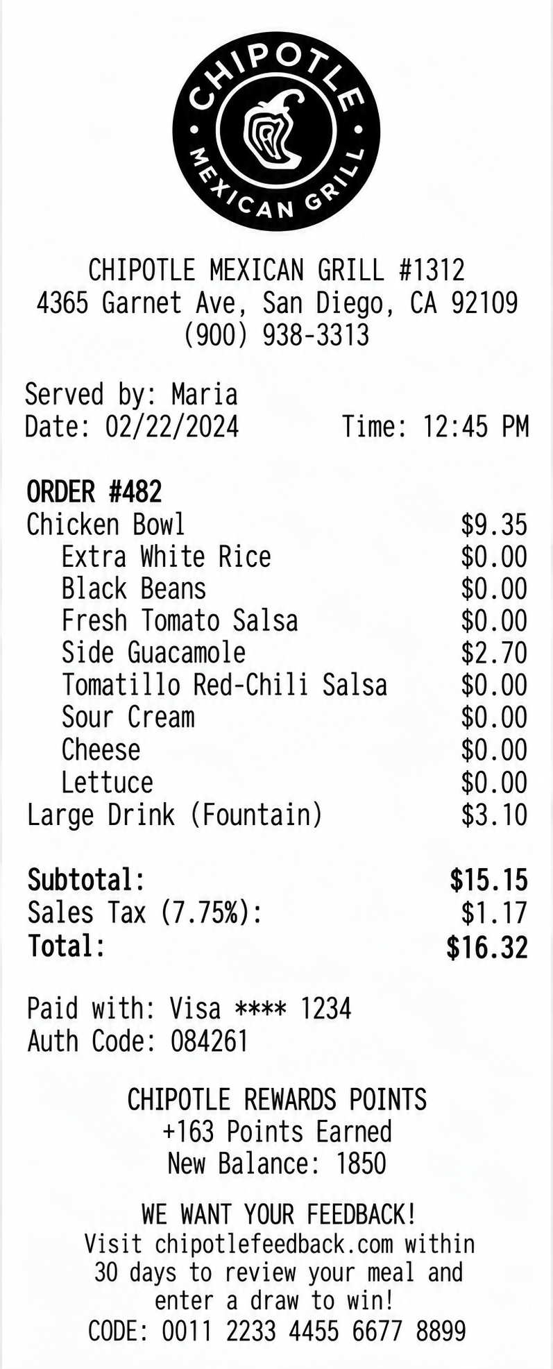 Chipotle Mexican Grill Restaurant Purchase Receipt - Free AI Receipt Generator, 50+ Real Receipt Examples