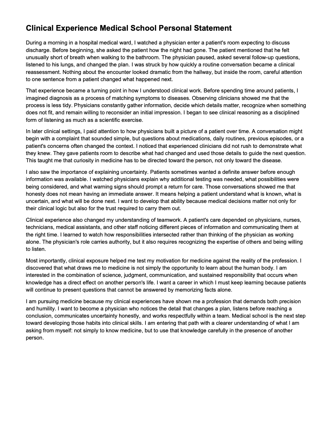 Clinical Experience Medical School Personal Statement - Free AI Medical School Personal Statement Generator, 50+ Real Medical School Personal Statement Examples