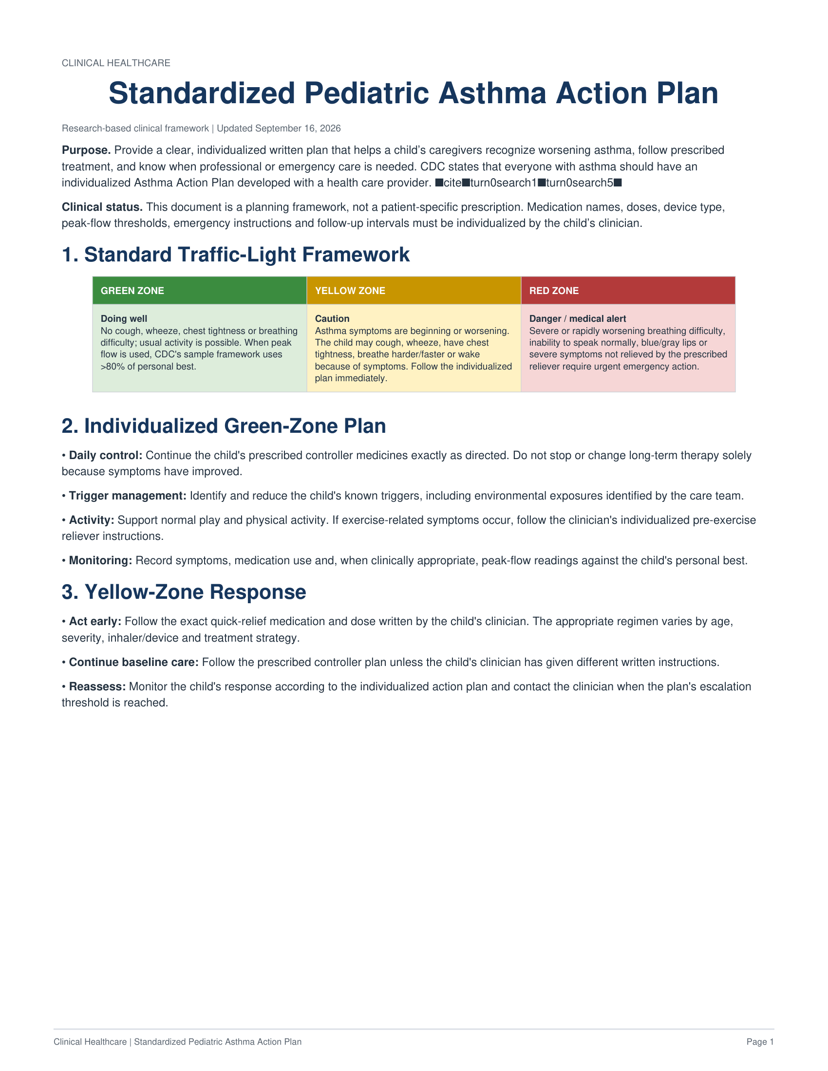 Clinical Healthcare Standardized Pediatric Asthma Action Plan - Free AI Action Plan Generator, 50+ Real Action Plan Examples