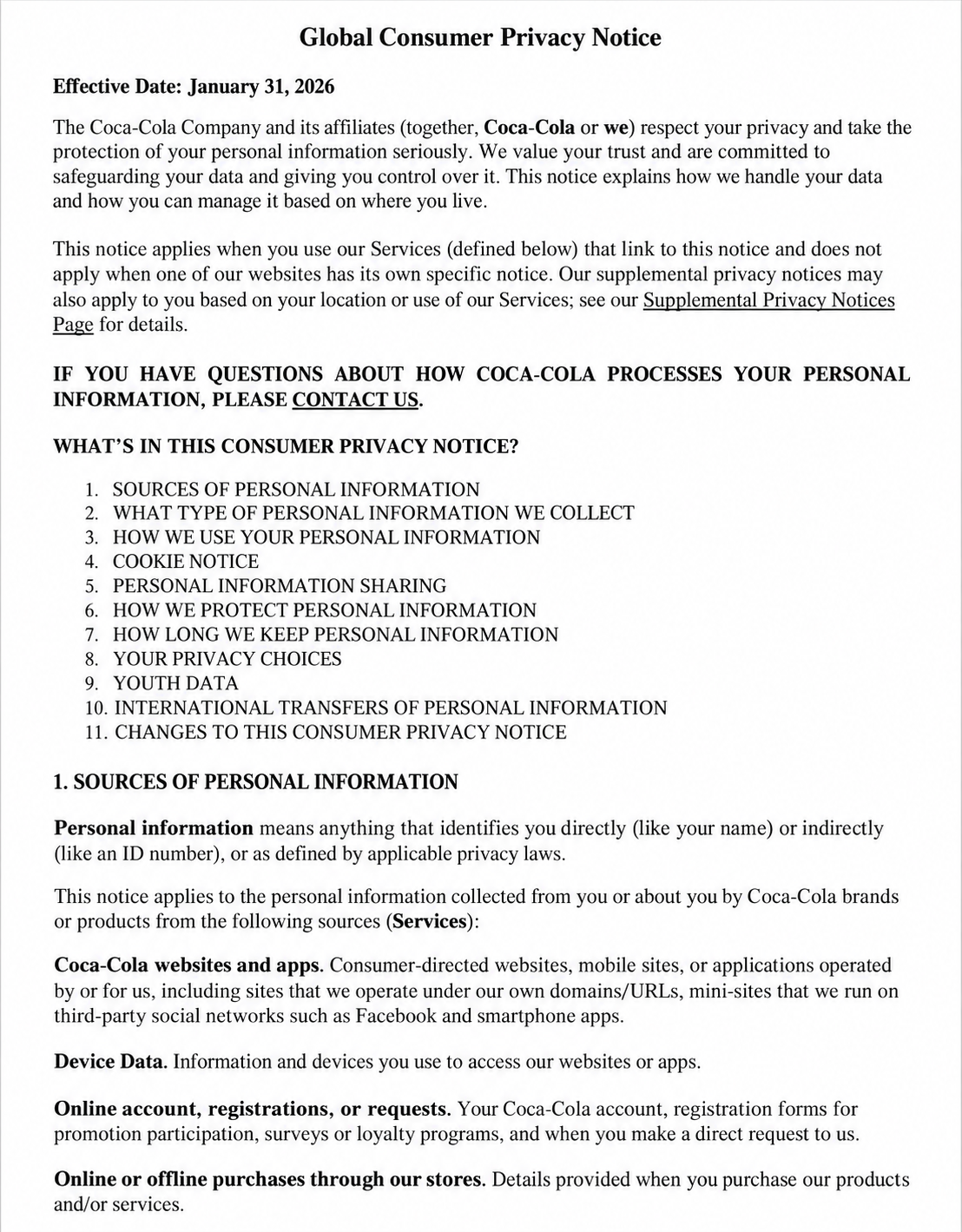 Coca-Cola Global Consumer Privacy Notice - Free AI Notice Generator, 50+ Real Notice Examples