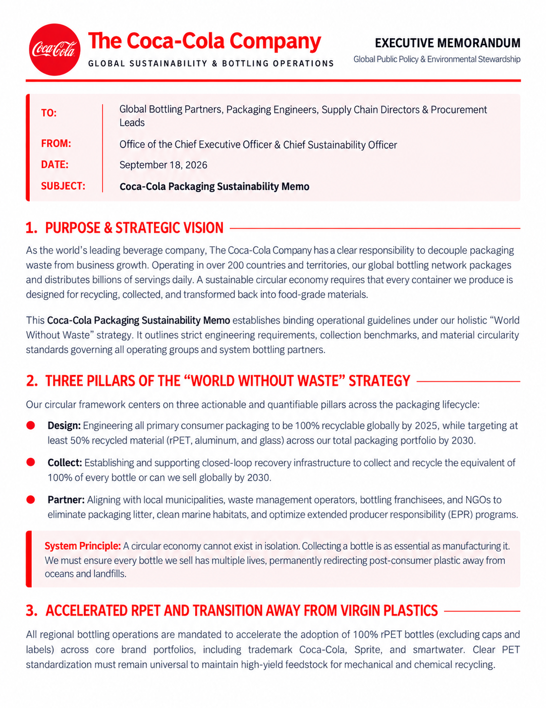 Coca-Cola Packaging Sustainability Memo - Free AI Memo Generator, 50+ Real Memo Examples