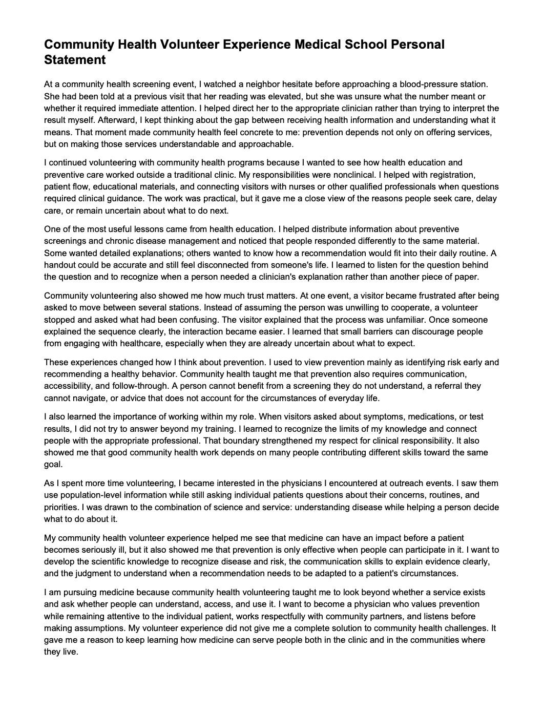Community Health Volunteer Experience Medical School Personal Statement - Free AI Medical School Personal Statement Generator, 50+ Real Medical School Personal Statement Examples