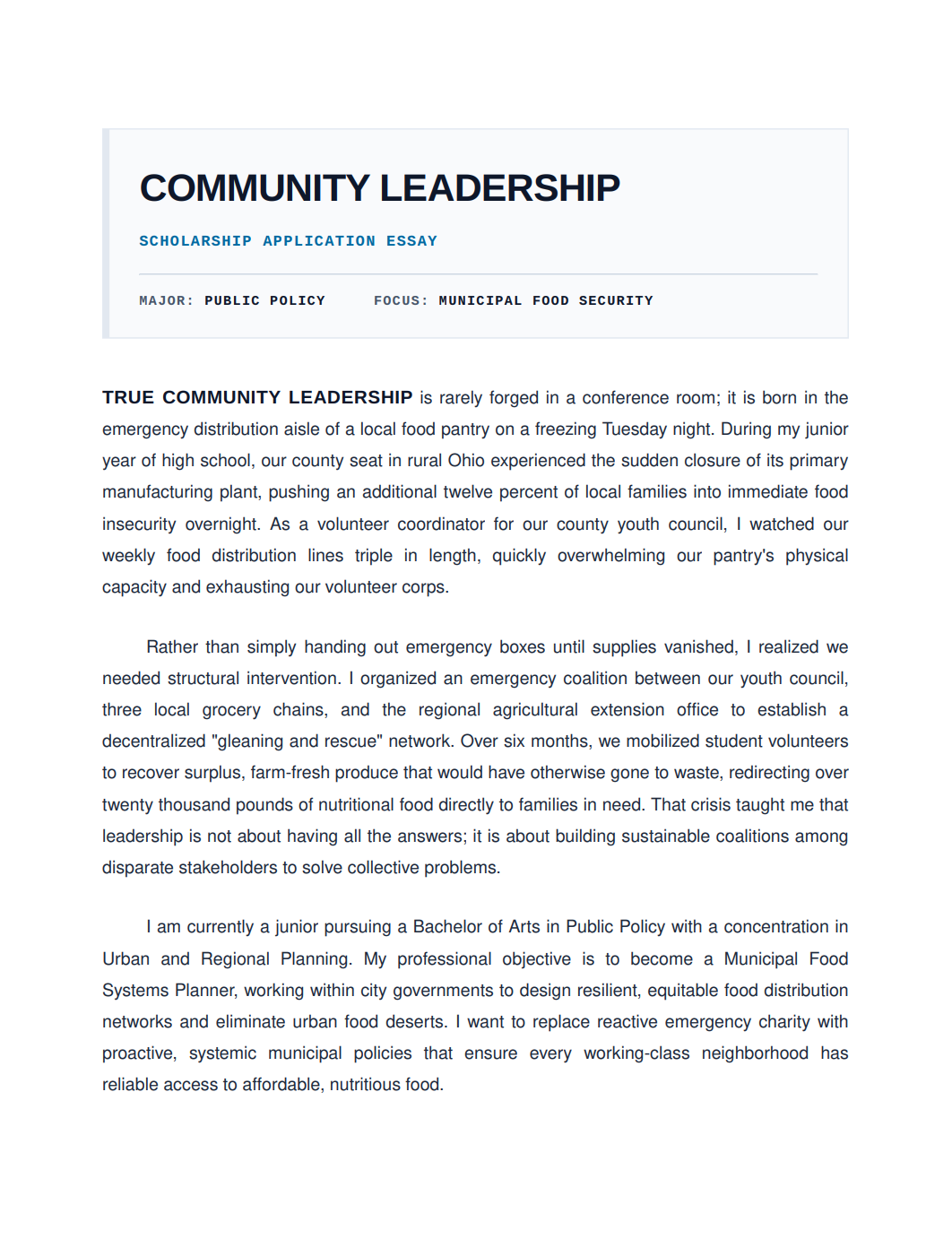 Community Leadership Scholarship Essay