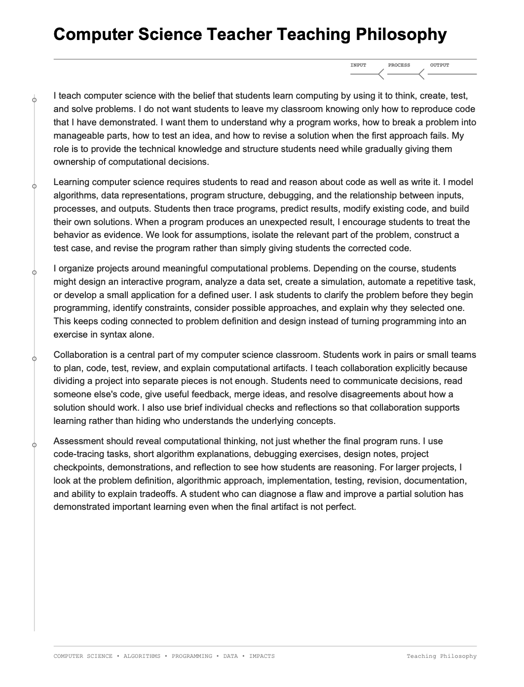 Computer Science Teacher Teaching Philosophy - AI Teaching Philosophy Generator, 50+ Real Teaching Philosophy Examples