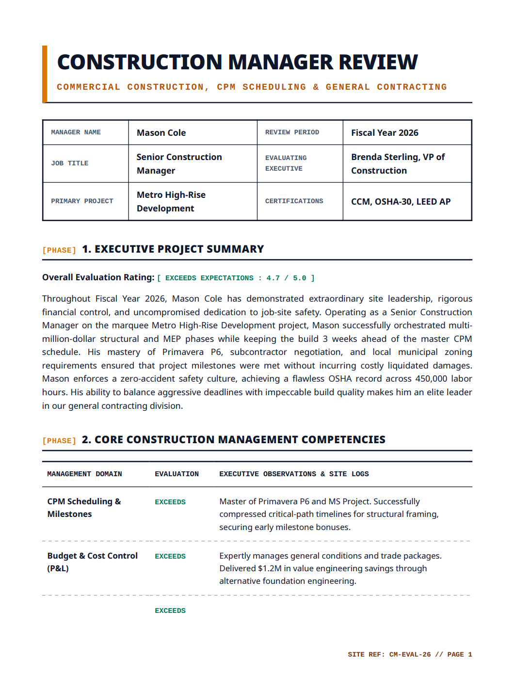 Construction Manager Performance Review - Free AI Performance Review Generator, 50+ Real Performance Review Examples