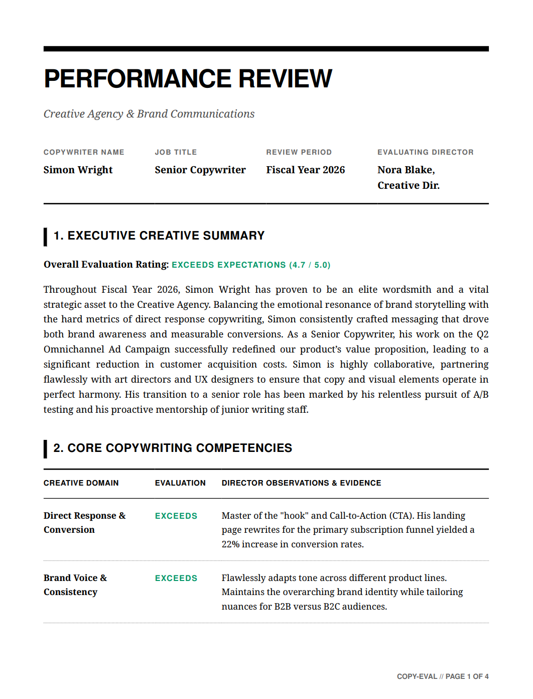 Copywriter Performance Review - Free AI Performance Review Generator, 50+ Real Performance Review Examples