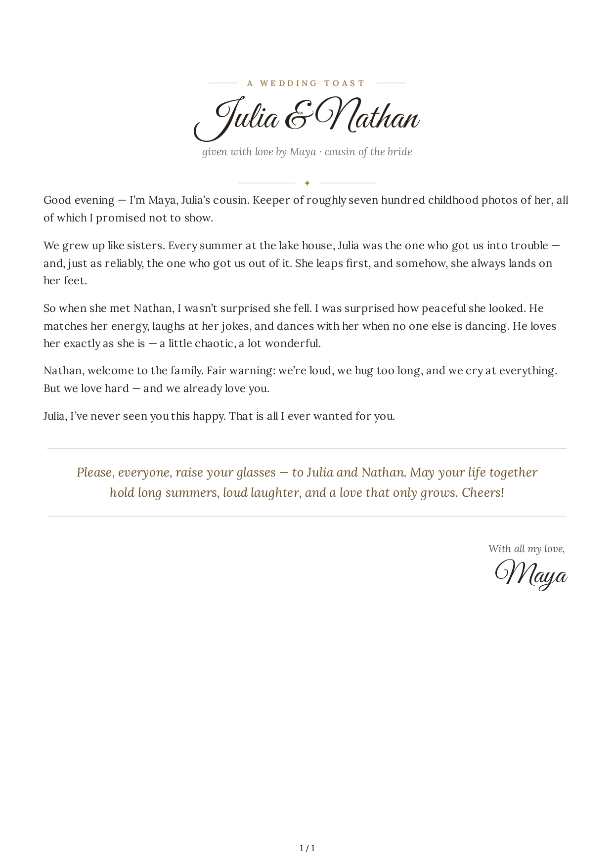 Cousin Wedding Toast - Free AI Wedding Toast Generator, 50+ Real Wedding Toast Examples