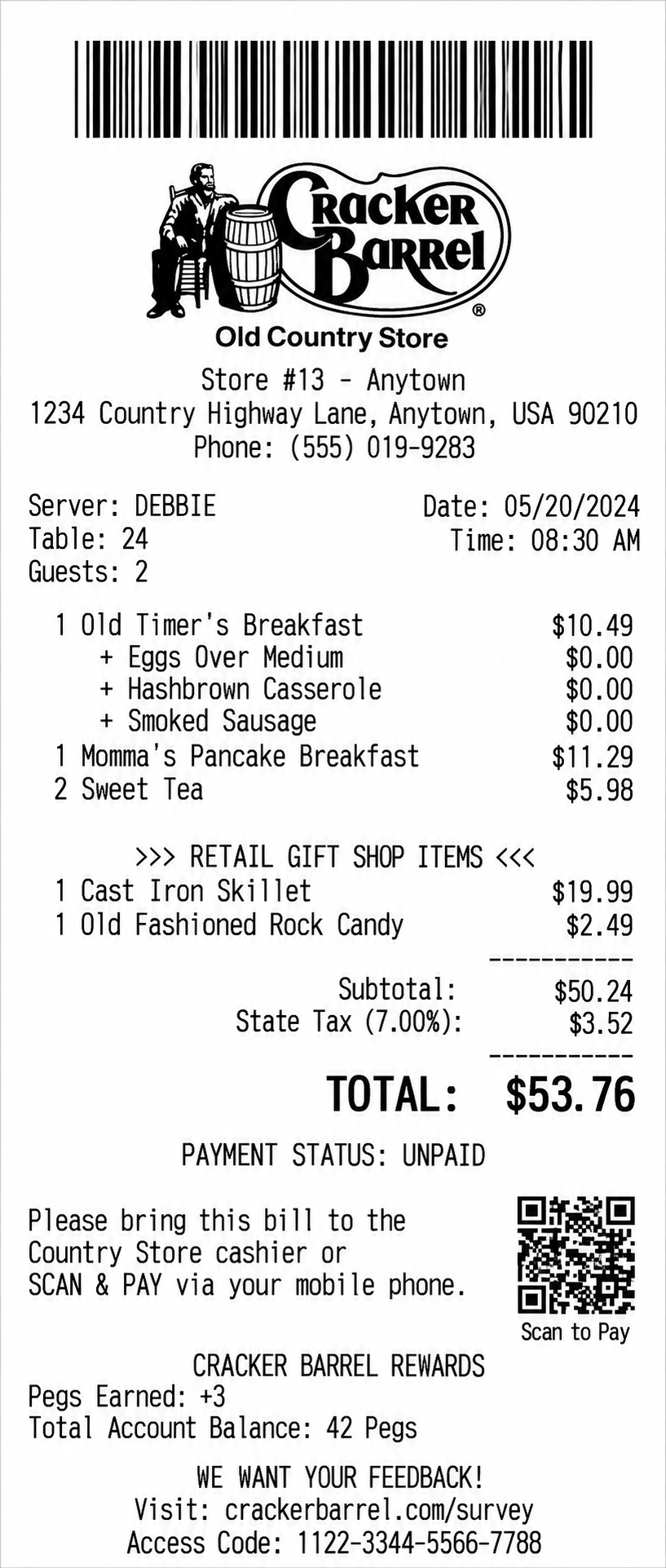 Cracker Barrel In-Store Counter Bill Receipt - Free AI Receipt Generator, 50+ Real Receipt Examples