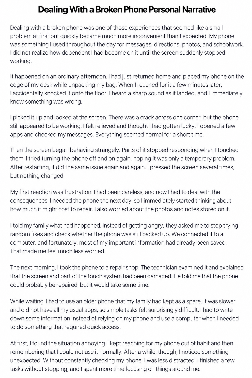 Dealing With a Broken Phone Personal Narrative - Free AI Personal Narrative Generator, 50+ Real Personal Narrative Examples