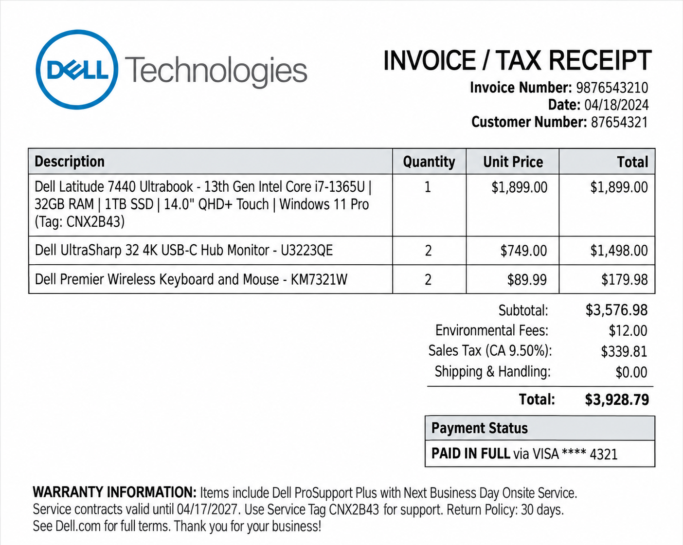 Dell Computer Purchase Invoice / Receipt - Free AI Receipt Generator, 50+ Real Receipt Examples