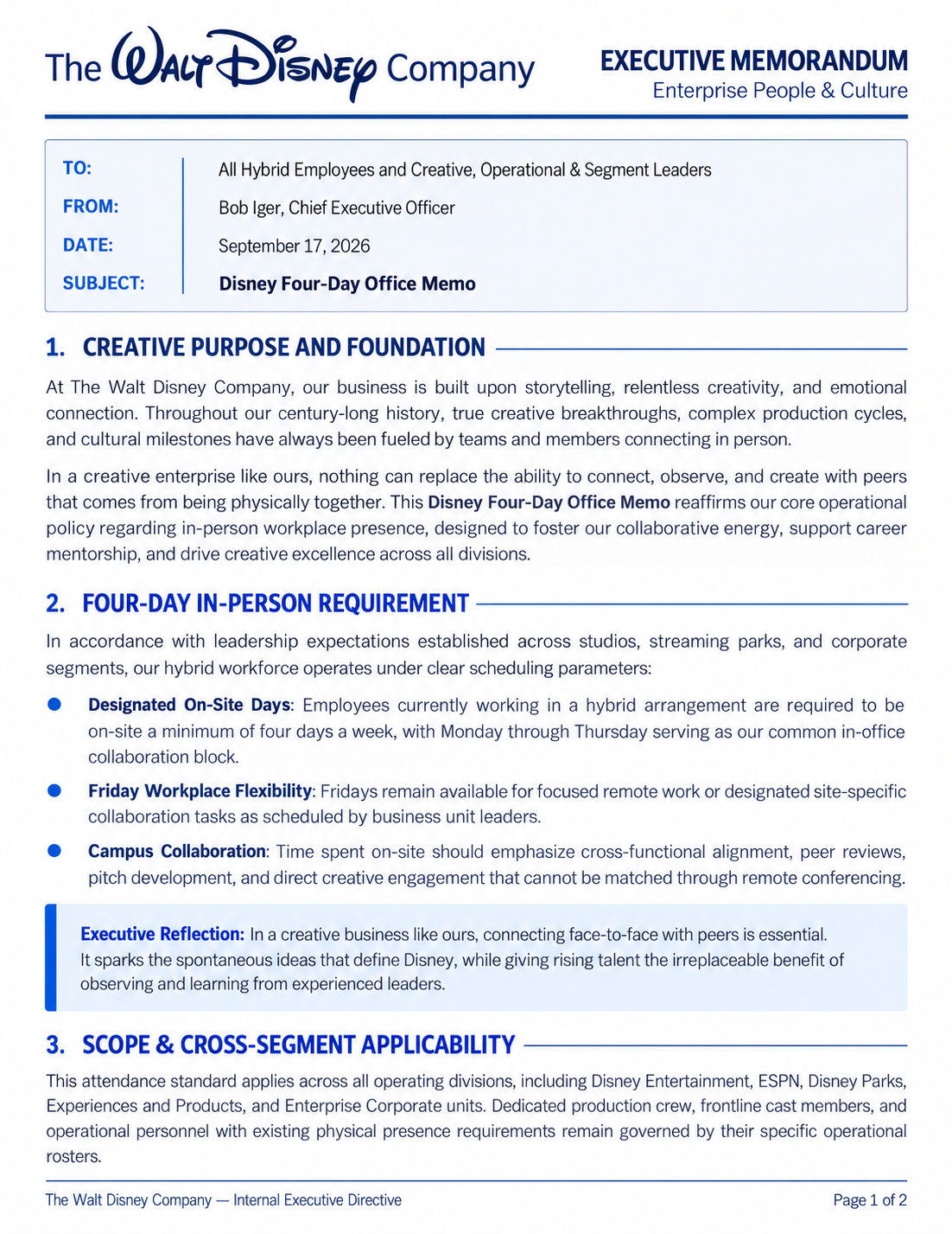 Disney Four-Day Office Memo - Free AI Memo Generator, 50+ Real Memo Examples