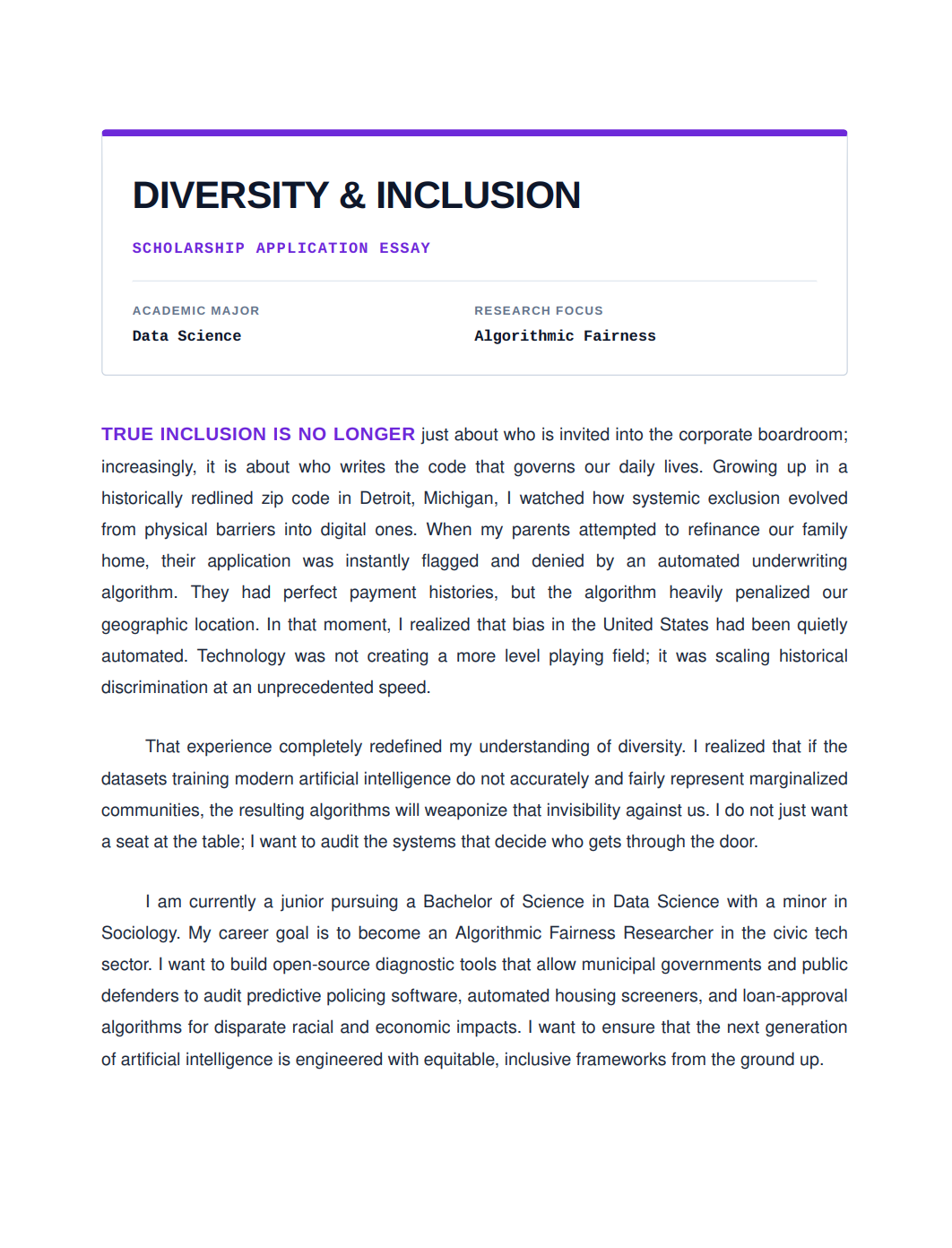 Diversity and Inclusion Scholarship Essay - Free AI Scholarship Essay Generator, 50+ Real Scholarship Essay Examples
