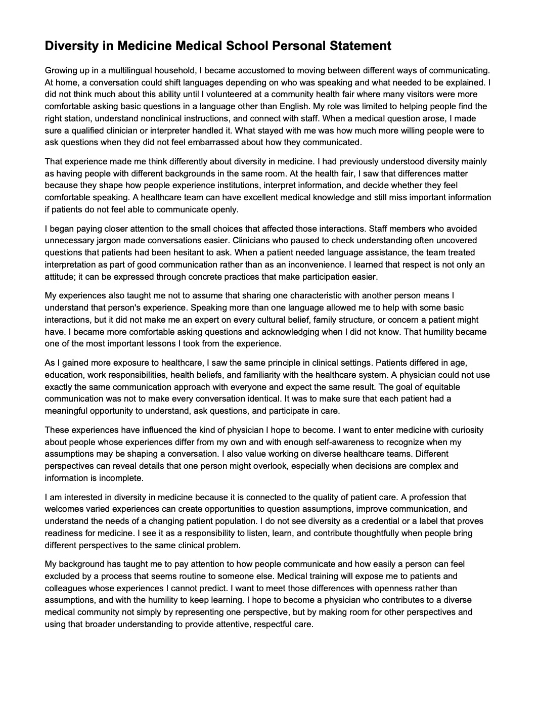Diversity in Medicine Medical School Personal Statement - Free AI Medical School Personal Statement Generator, 50+ Real Medical School Personal Statement Examples