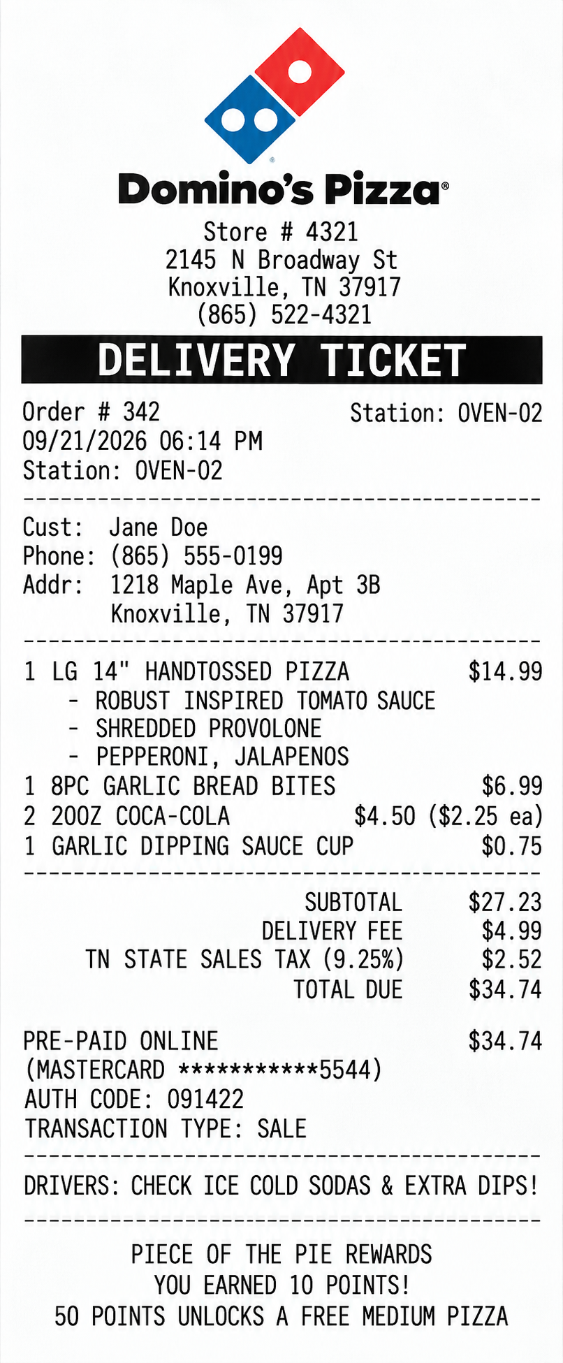 Domino's Delivery Box Ticket & Receipt - Free AI Receipt Generator, 50+ Real Receipt Examples