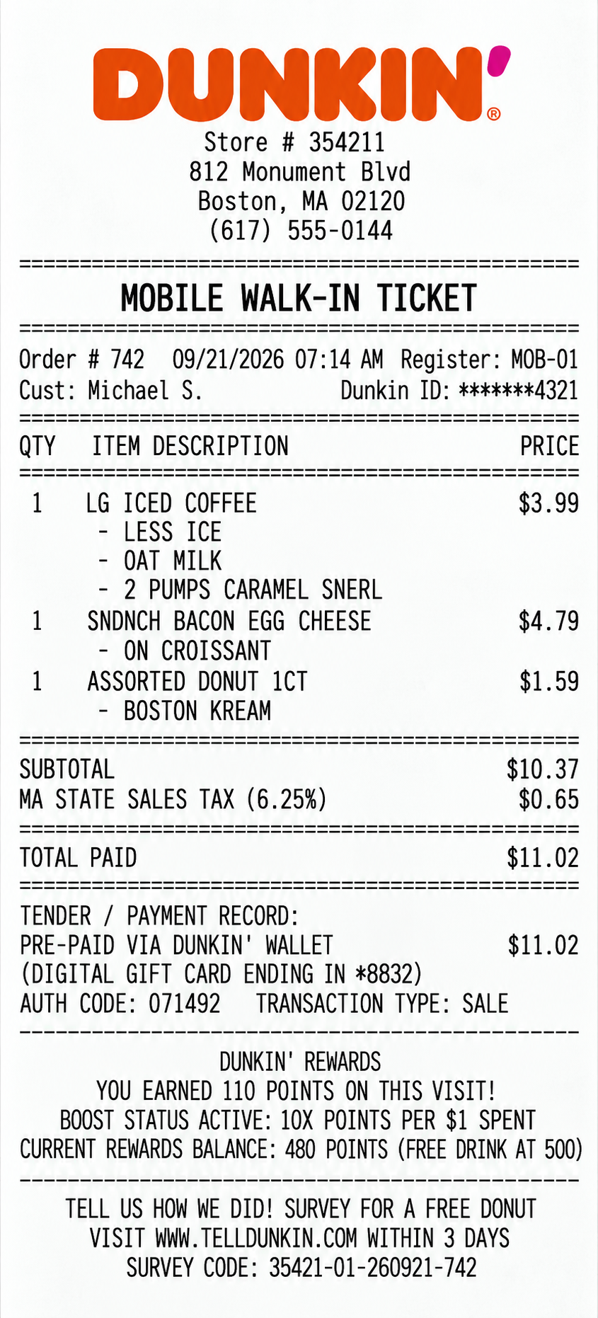 Dunkin' Mobile Order Receipt - Free AI Receipt Generator, 50+ Real Receipt Examples