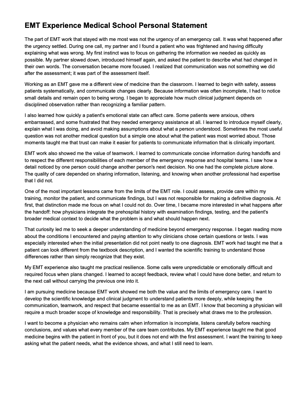 EMT Experience Medical School Personal Statement - Free AI Medical School Personal Statement Generator, 50+ Real Medical School Personal Statement Examples