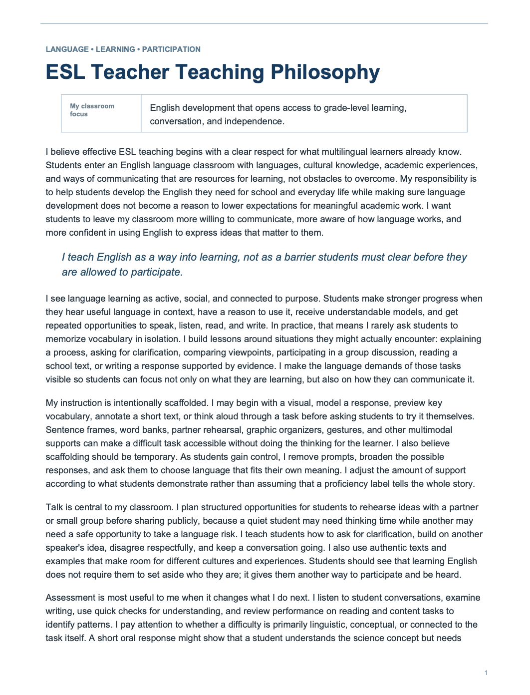 ESL Teacher Teaching Philosophy - AI Teaching Philosophy Generator, 50+ Real Teaching Philosophy Examples