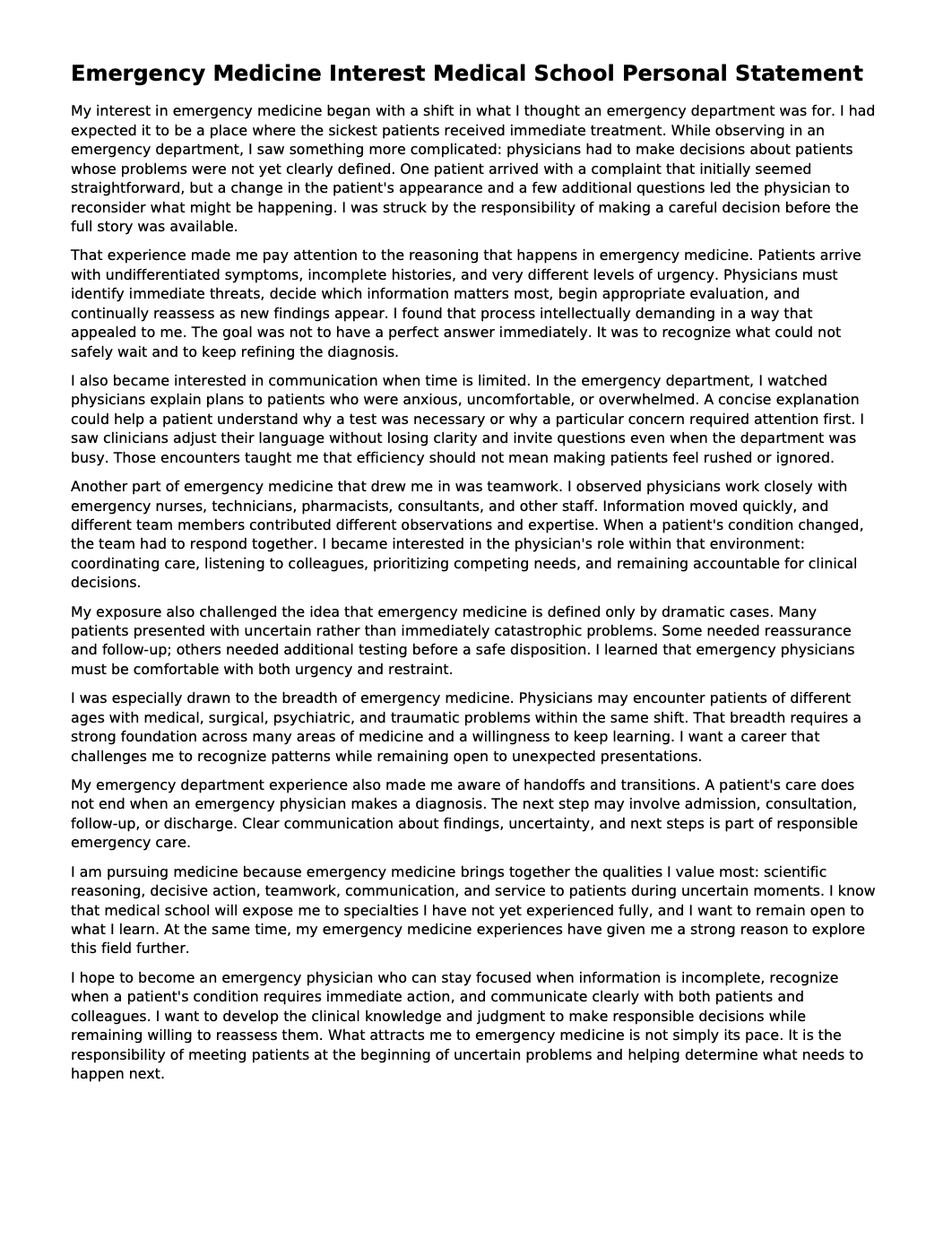 Emergency Medicine Interest Medical School Personal Statement - Free AI Medical School Personal Statement Generator, 50+ Real Medical School Personal Statement Examples