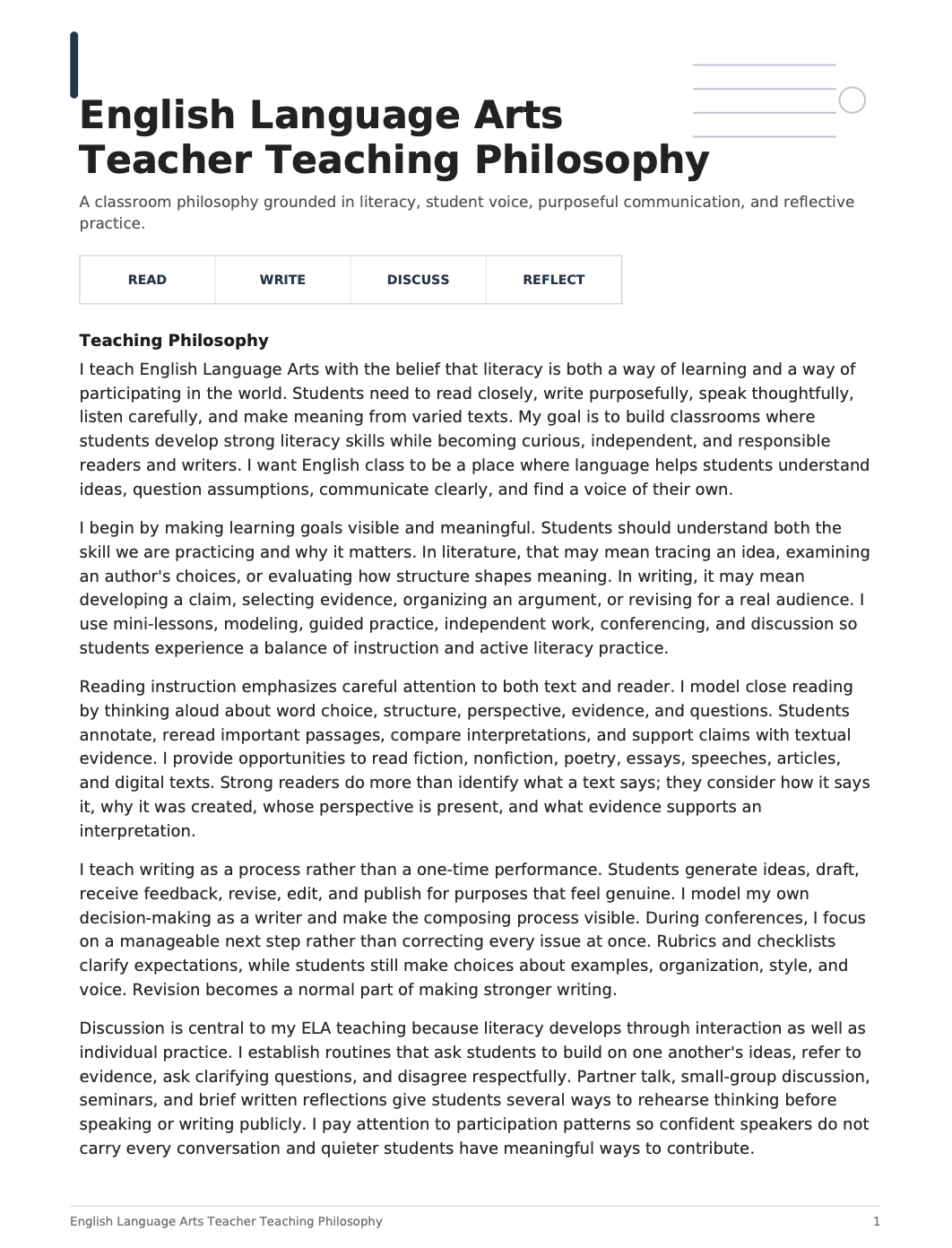 English Language Arts Teacher Teaching Philosophy - AI Teaching Philosophy Generator, 50+ Real Teaching Philosophy Examples
