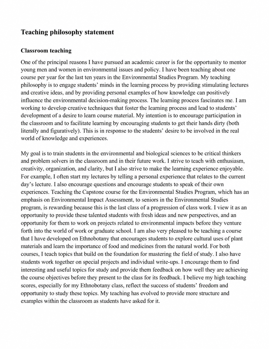Environmental Studies Teaching Philosophy Statement - Free AI Statement Generator, 50+ Real Statement Examples