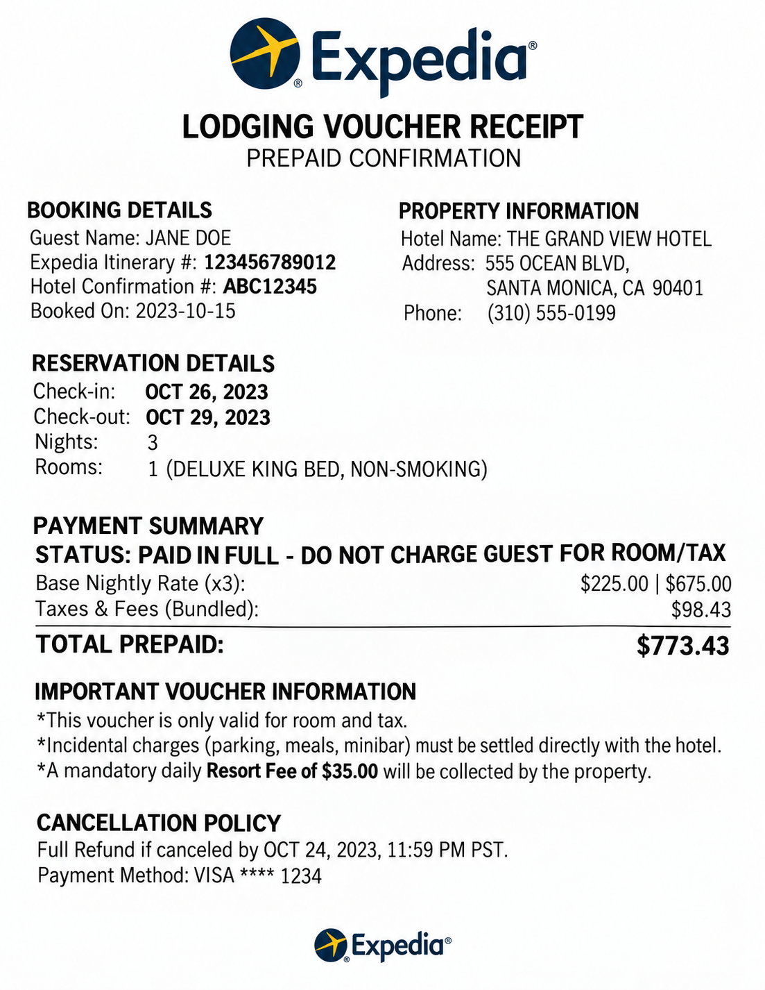Expedia Lodging Voucher Receipt - Free AI Receipt Generator, 50+ Real Receipt Examples