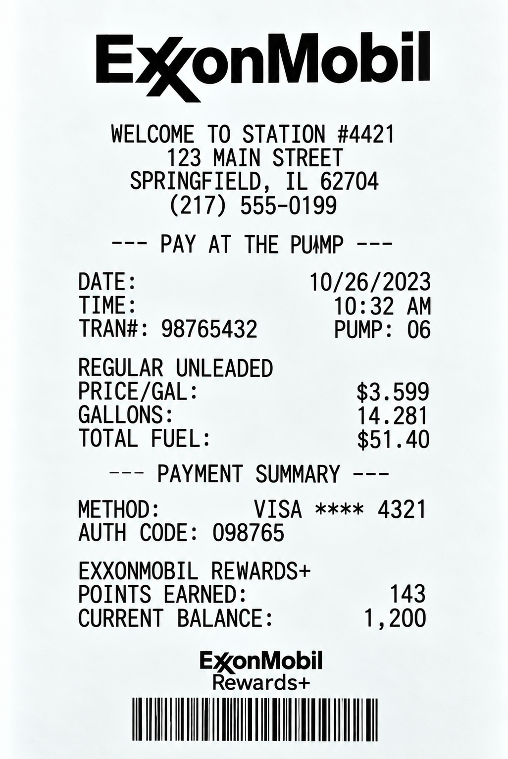 ExxonMobil Automated Pay-at-the-Pump Receipt - Free AI Receipt Generator, 50+ Real Receipt Examples