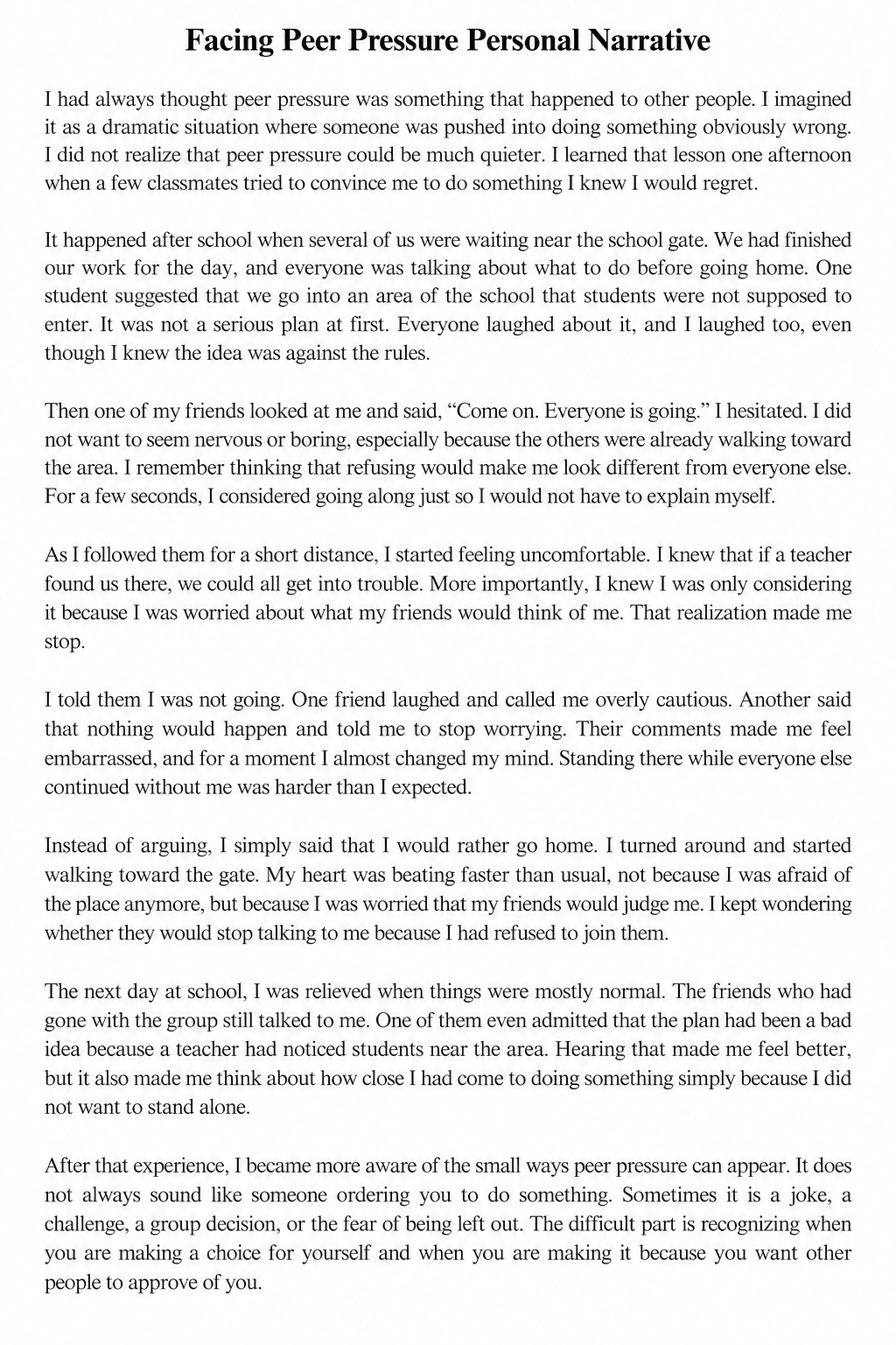 Facing Peer Pressure Personal Narrative - Free AI Personal Narrative Generator, 50+ Real Personal Narrative Examples