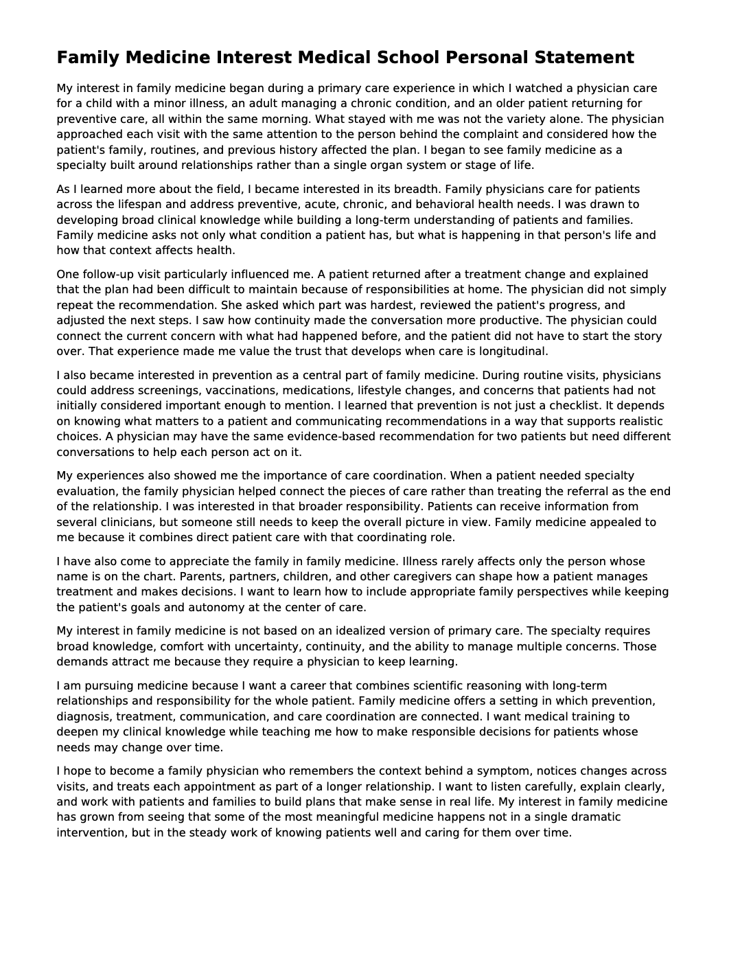 Family Medicine Interest Medical School Personal Statement - Free AI Medical School Personal Statement Generator, 50+ Real Medical School Personal Statement Examples