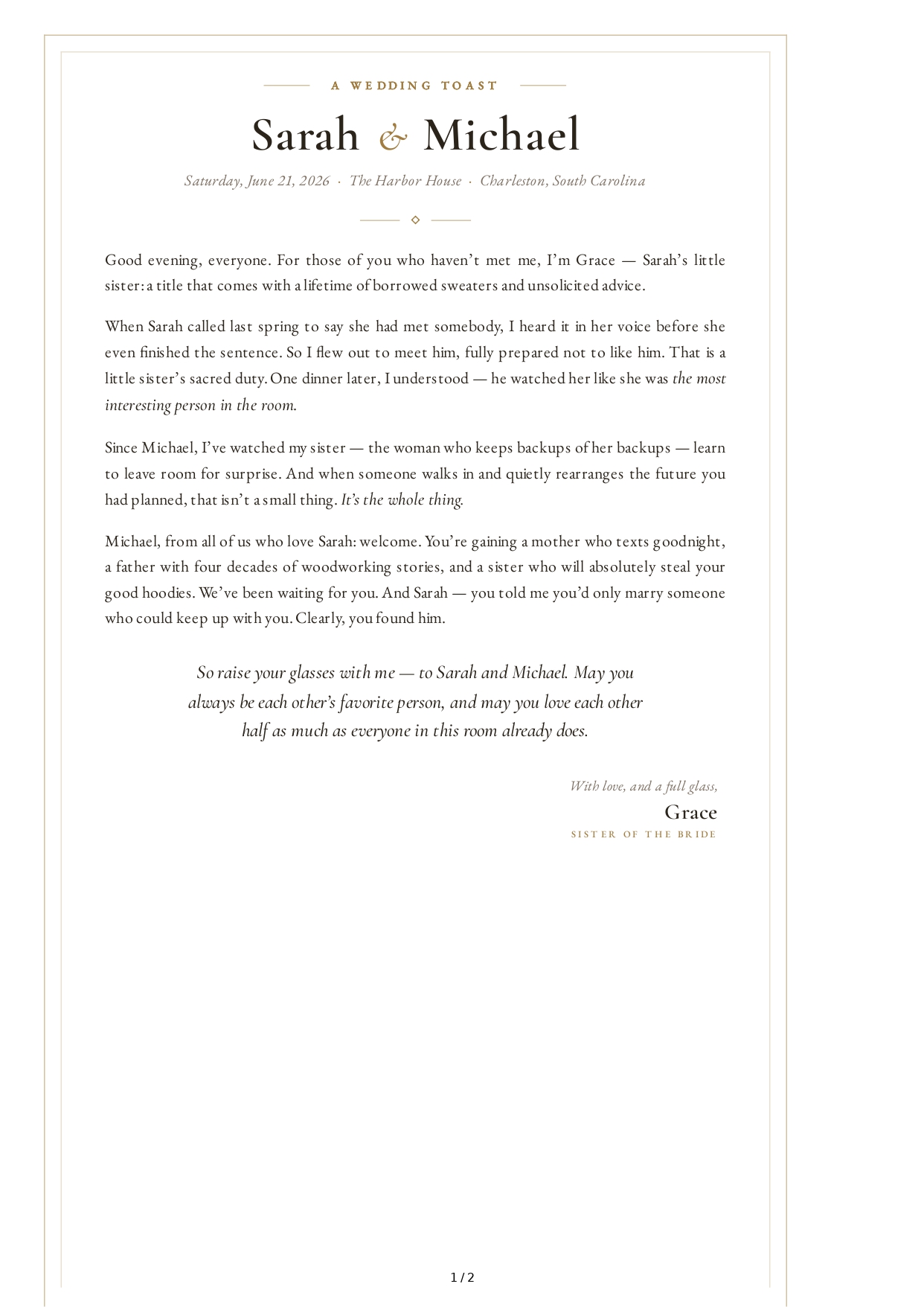 Family Member Wedding Toast - Free AI Wedding Toast Generator, 50+ Real Wedding Toast Examples