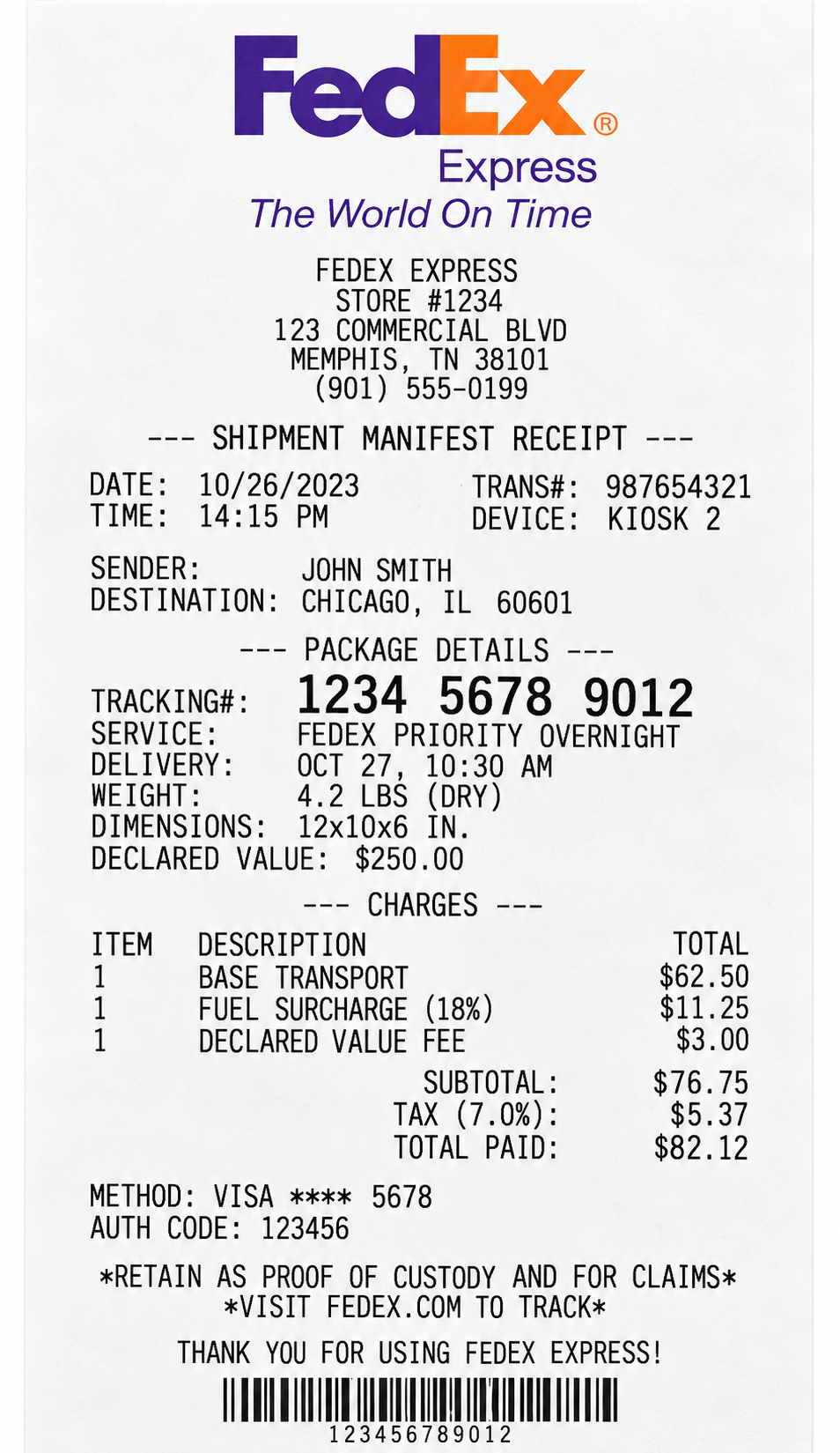 FedEx Express Shipping Manifest Receipt - Free AI Receipt Generator, 50+ Real Receipt Examples