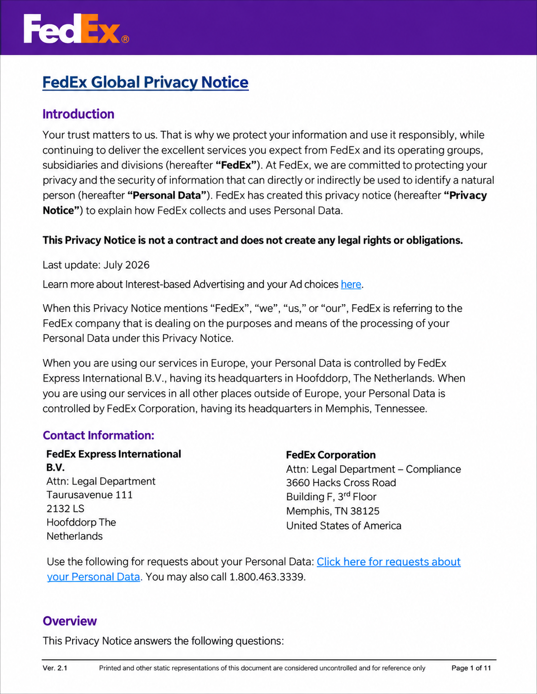 FedEx Global Privacy Notice - Free AI Notice Generator, 50+ Real Notice Examples