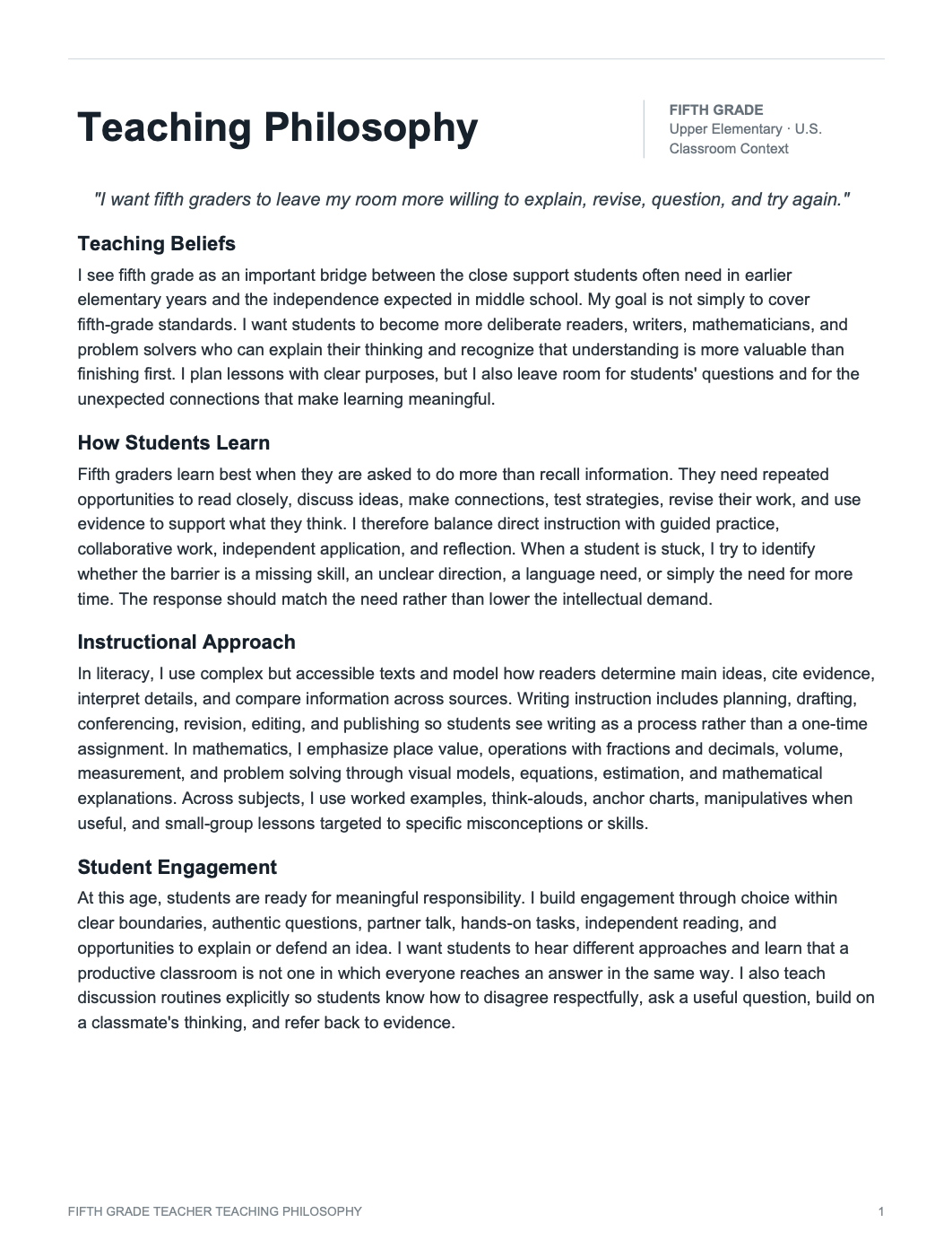 Fifth Grade Teacher Teaching Philosophy - AI Teaching Philosophy Generator, 50+ Real Teaching Philosophy Examples