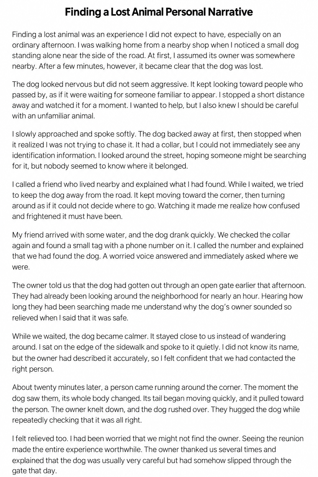 Finding a Lost Animal Personal Narrative - Free AI Personal Narrative Generator, 50+ Real Personal Narrative Examples
