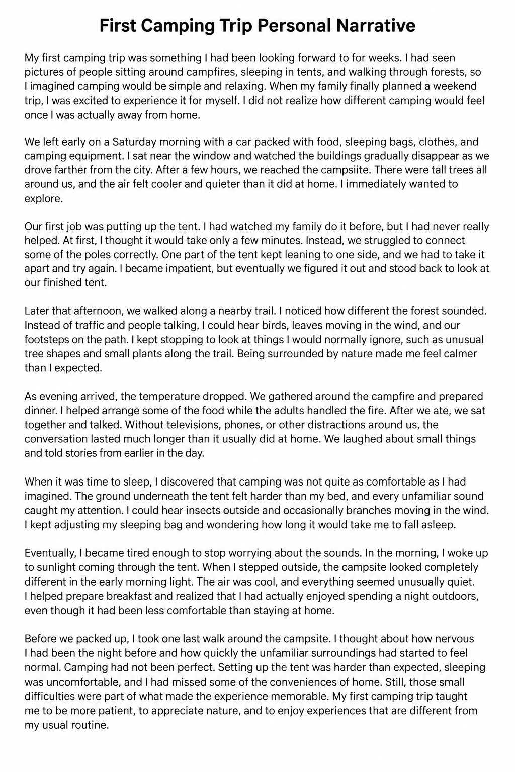 First Camping Trip Personal Narrative - Free AI Personal Narrative Generator, 50+ Real Personal Narrative Examples