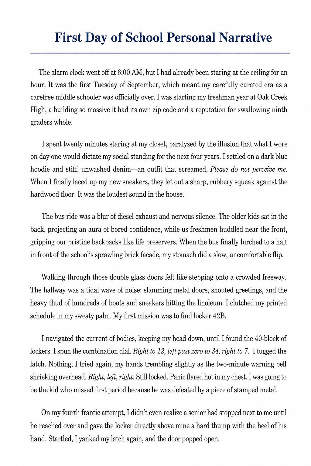 First Day of School Personal Narrative - Free AI Personal Narrative Generator, 50+ Real Personal Narrative Examples