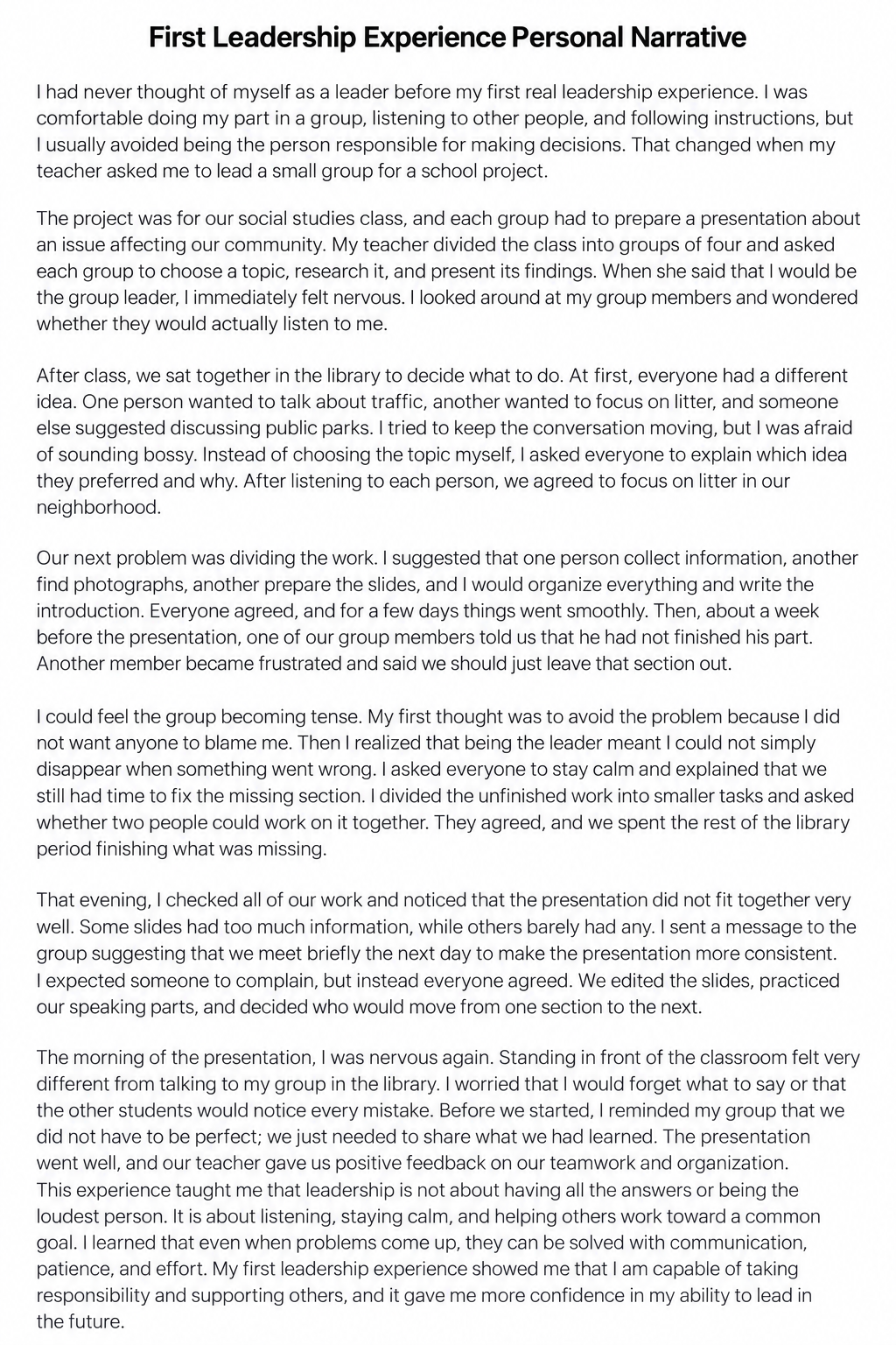 First Leadership Experience Personal Narrative - Free AI Personal Narrative Generator, 50+ Real Personal Narrative Examples