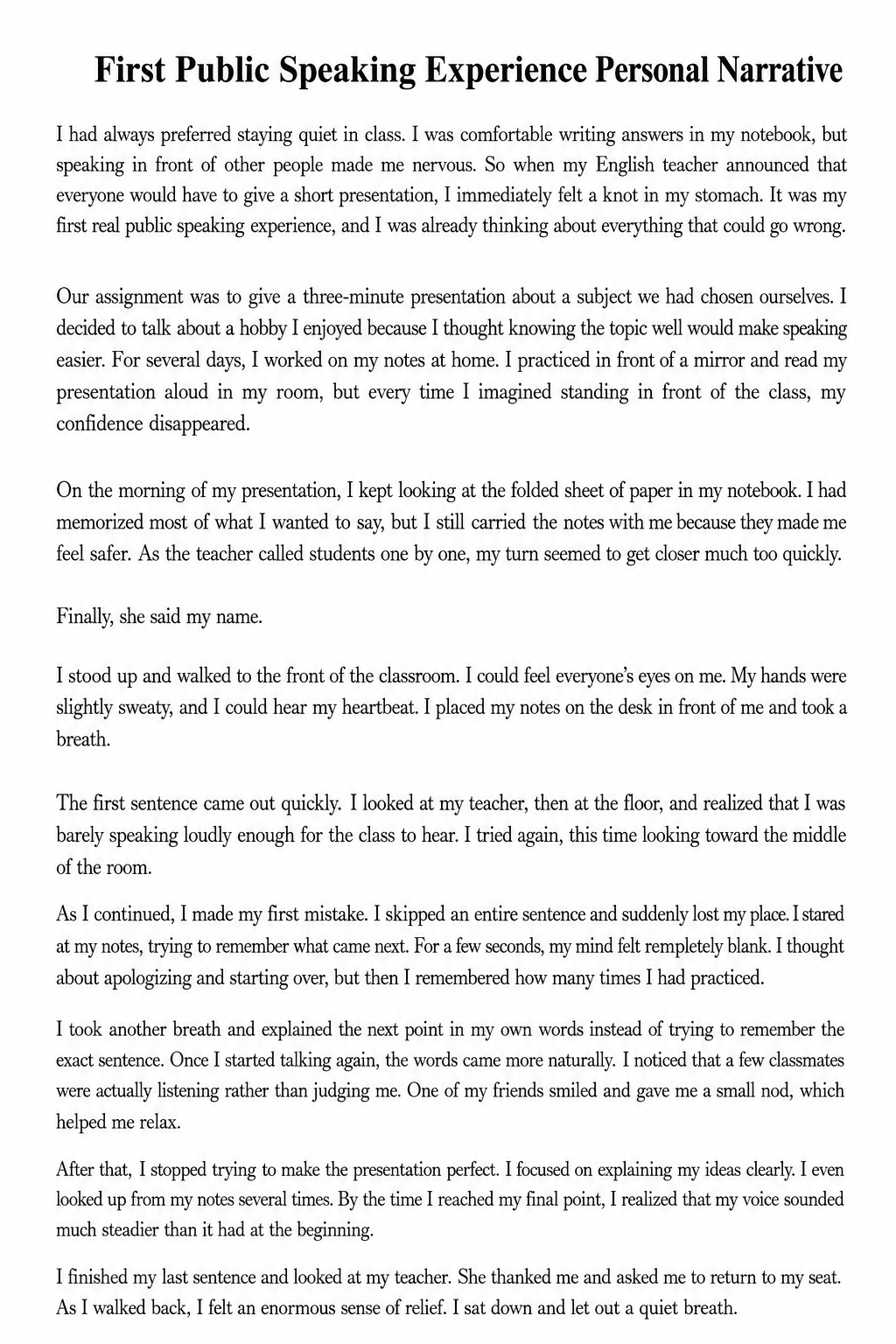 First Public Speaking Experience Personal Narrative - Free AI Personal Narrative Generator, 50+ Real Personal Narrative Examples