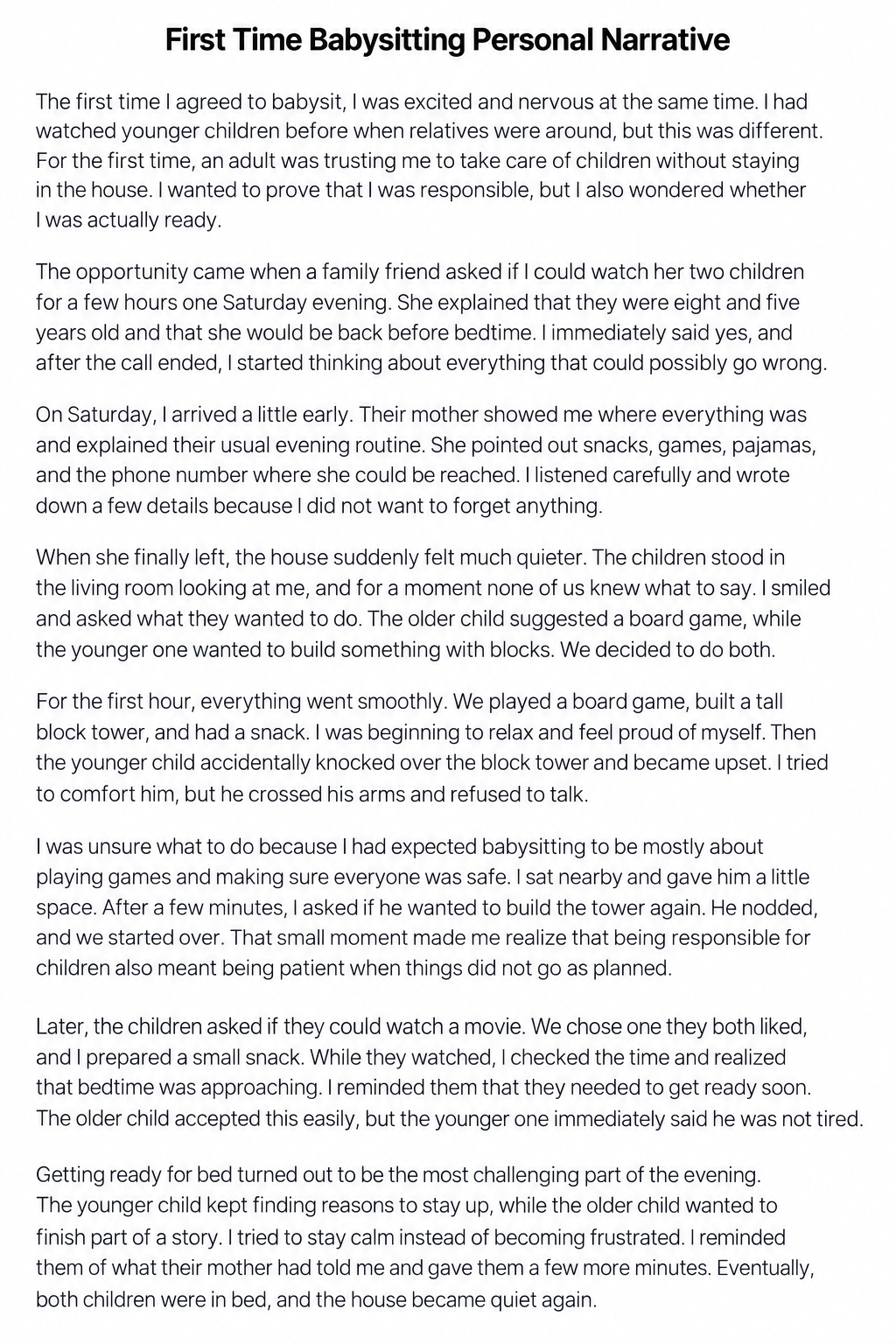First Time Babysitting Personal Narrative - Free AI Personal Narrative Generator, 50+ Real Personal Narrative Examples