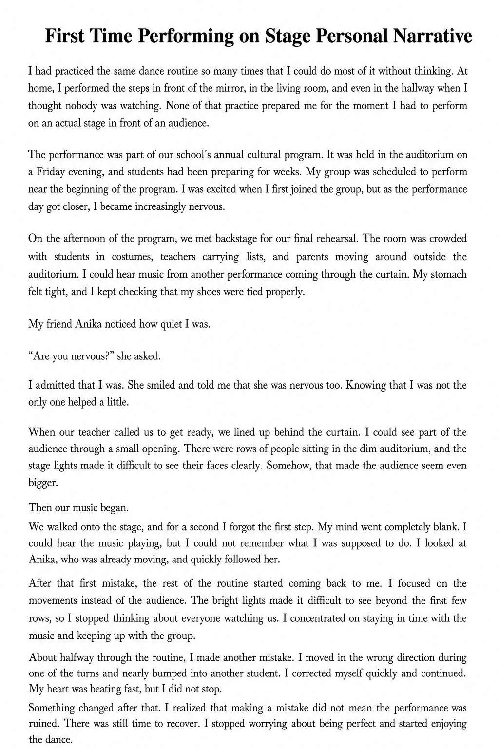 First Time Performing on Stage Personal Narrative - Free AI Personal Narrative Generator, 50+ Real Personal Narrative Examples