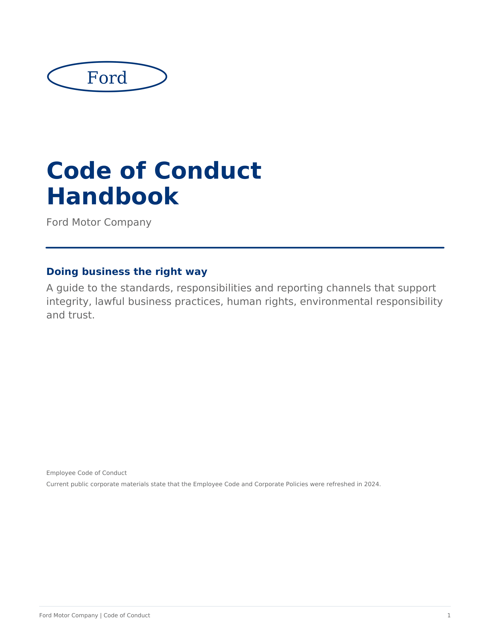 Ford Motor Company Code of Conduct Handbook - Free AI Handbook Generator, 50+ Real Handbook Examples