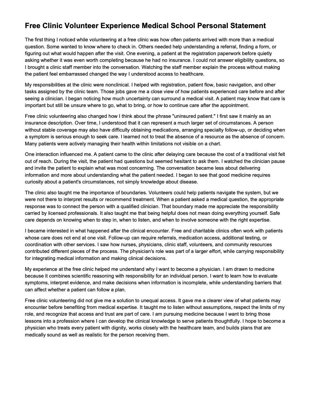Free Clinic Volunteer Experience Medical School Personal Statement - AI ...