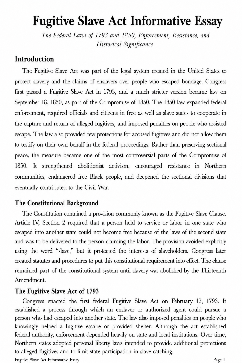 Fugitive Slave Act Informative Essay - Free AI Informative Essay Generator, 50+ Real Informative Essay Examples