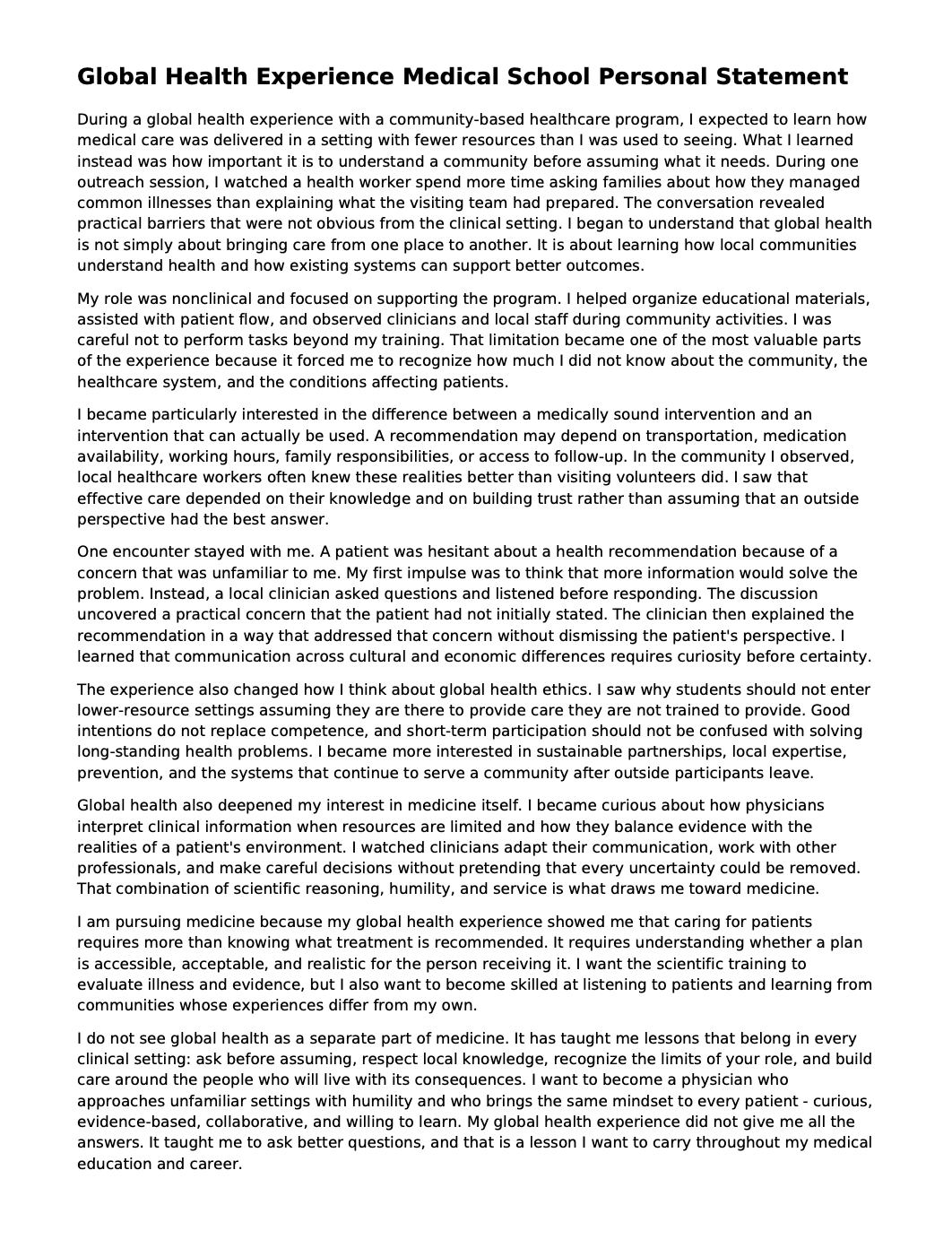 Global Health Experience Medical School Personal Statement - Free AI Medical School Personal Statement Generator, 50+ Real Medical School Personal Statement Examples