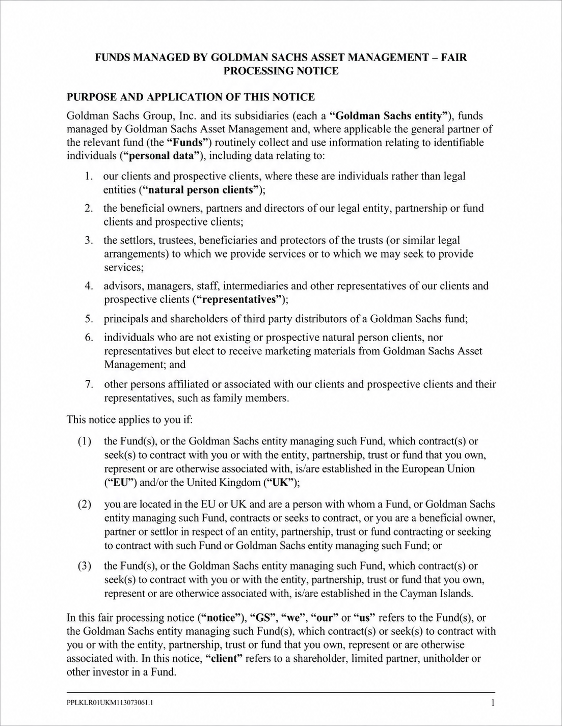 Goldman Sachs Asset Management Fair Processing Notice - Free AI Notice Generator, 50+ Real Notice Examples
