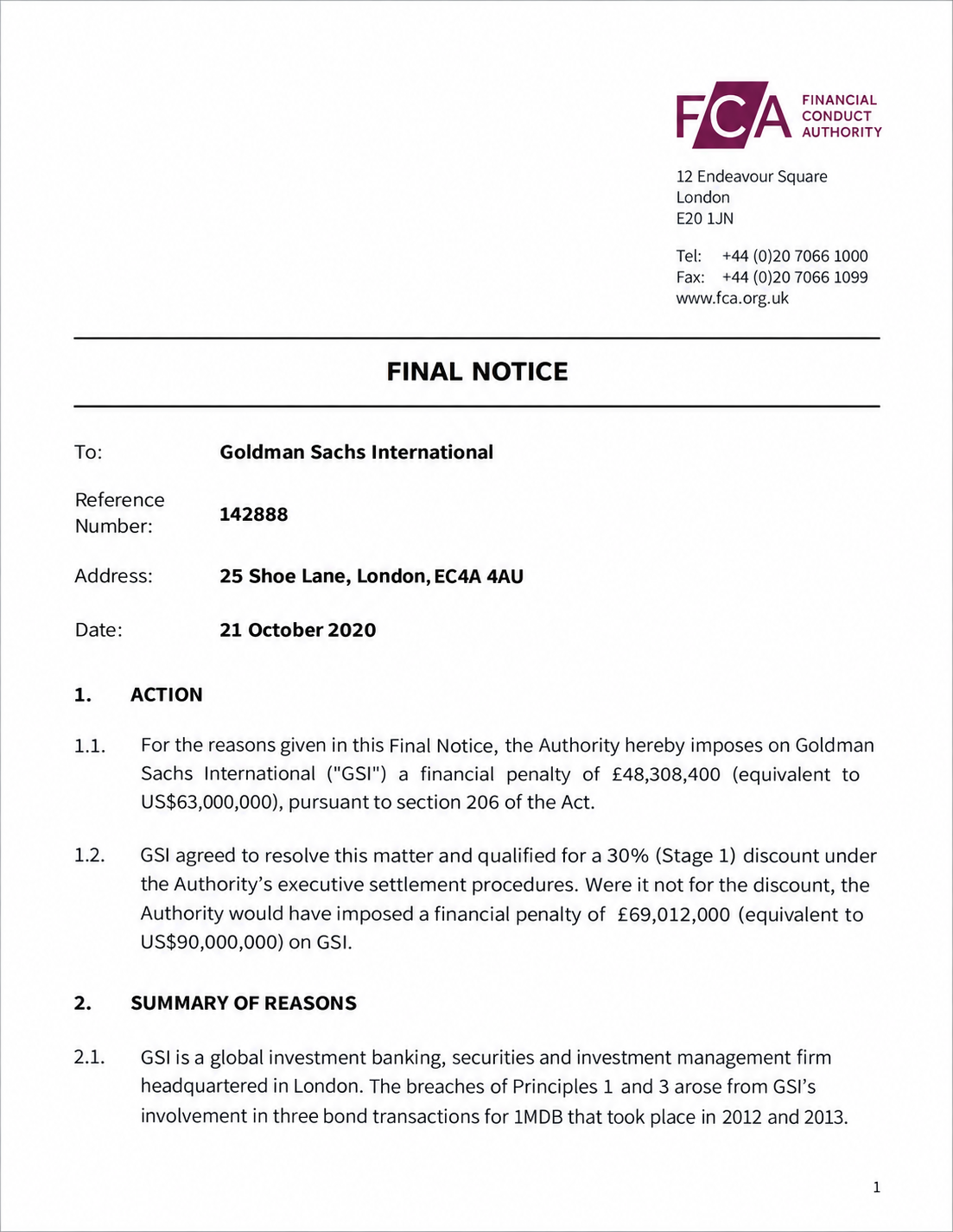 Goldman Sachs FCA Final Notice - Free AI Notice Generator, 50+ Real Notice Examples