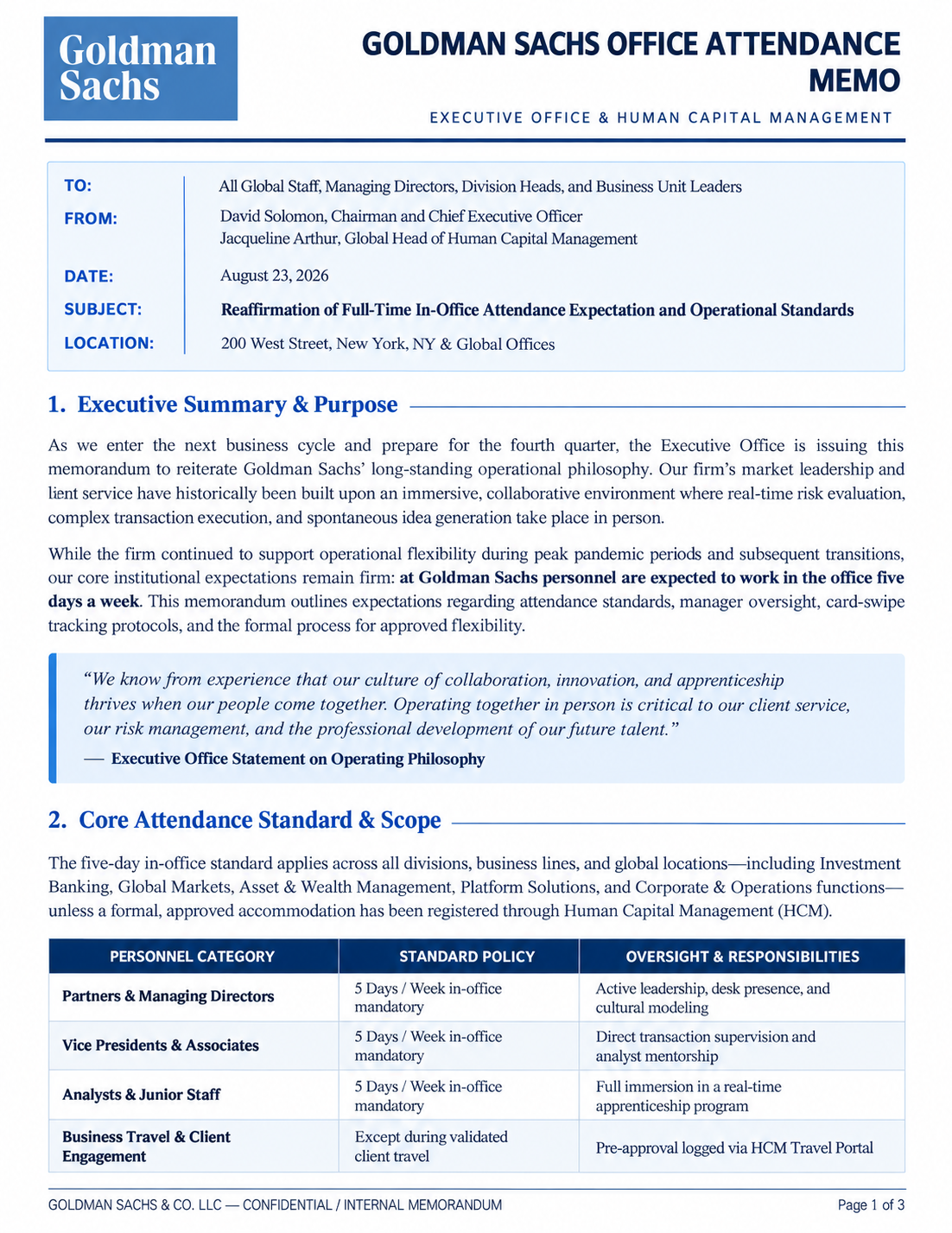 Goldman Sachs Office Attendance Memo - Free AI Memo Generator, 50+ Real Memo Examples