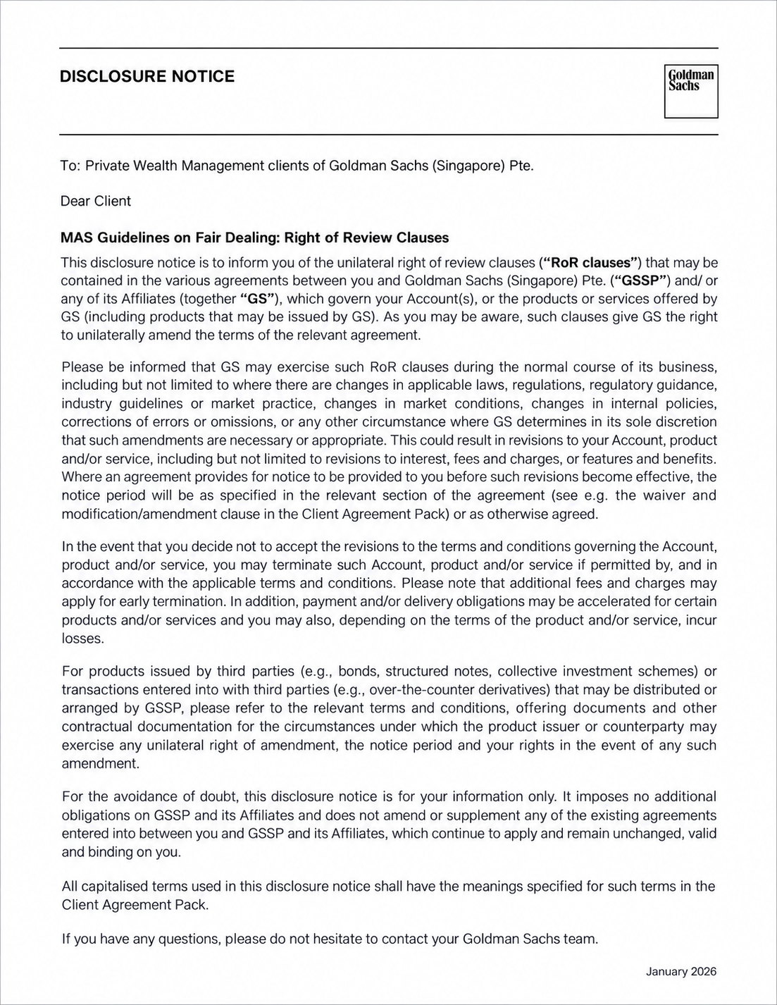 Goldman Sachs Right of Review Disclosure Notice - Free AI Notice Generator, 50+ Real Notice Examples
